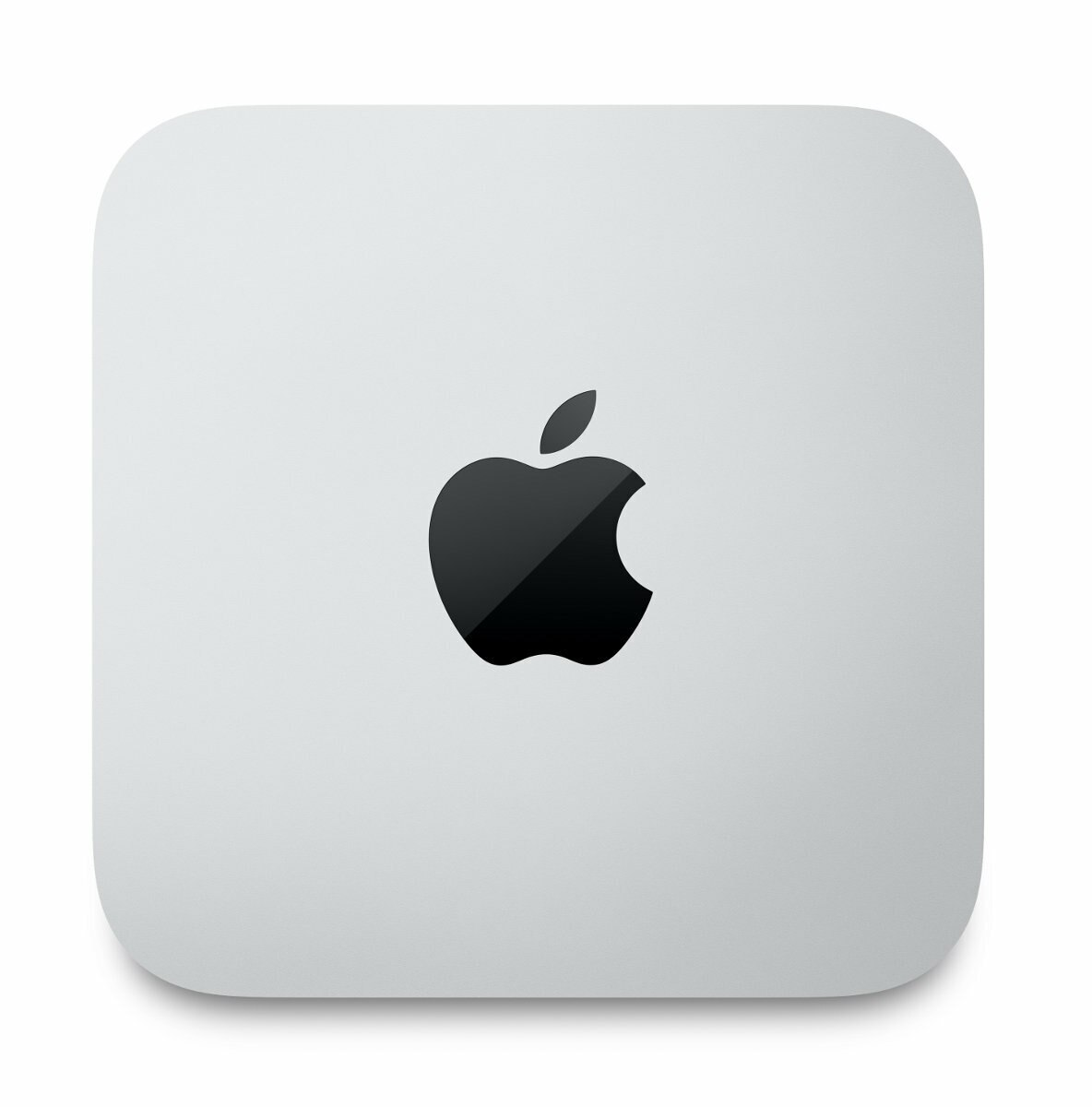 Widok z góry srebrnego Apple Mac Mini z logo Apple na białej powierzchni.