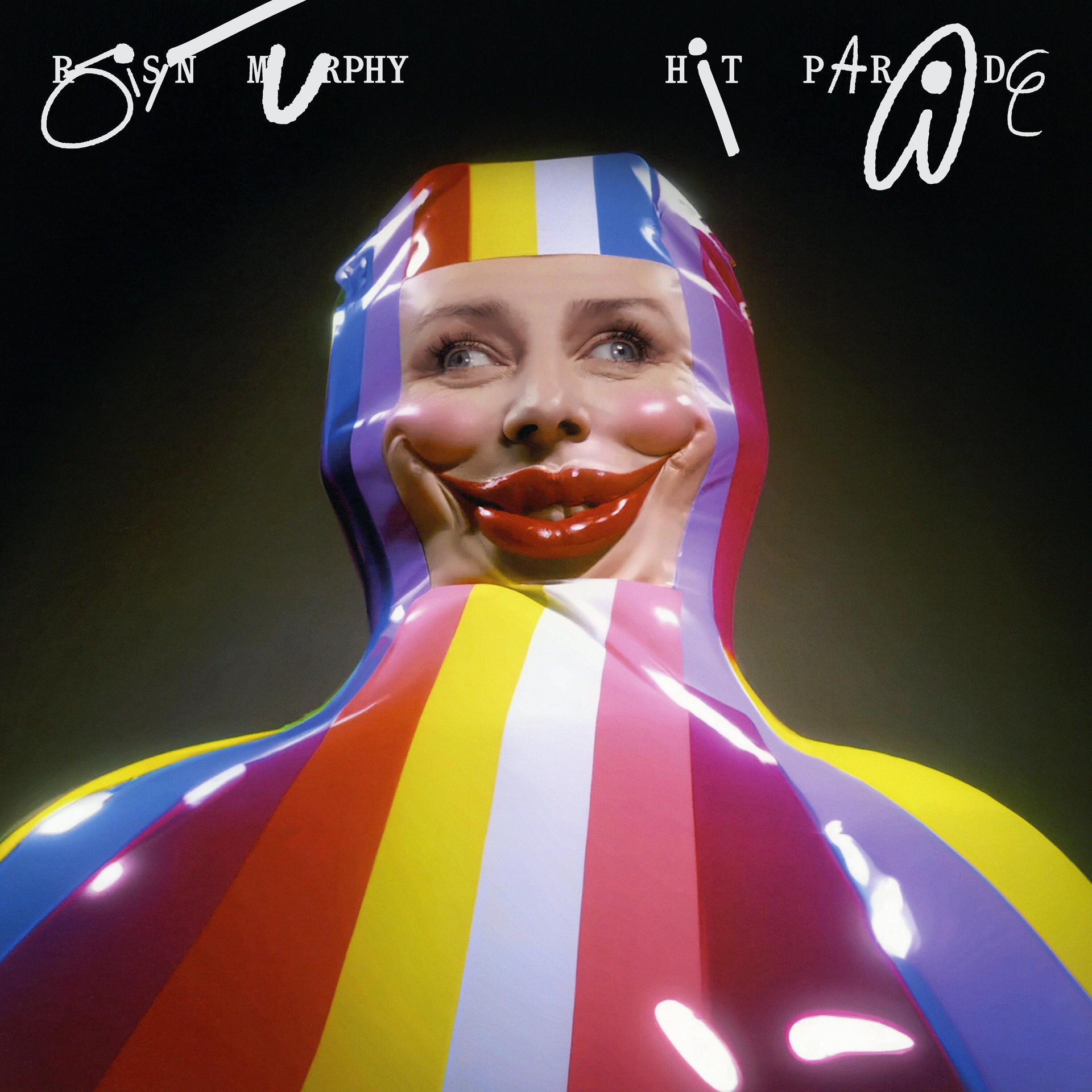 Pochette d'album avec une femme portant une cagoule en plastique colorée avec des lèvres et des joues rouges exagérées.