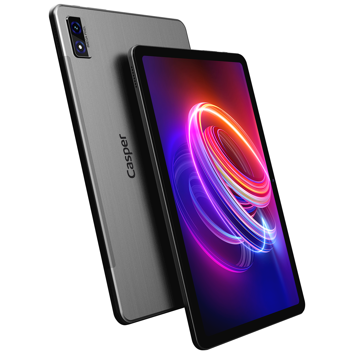 İki gümüş tablet, biri renkli dijital tasarımlı, diğeri arkasında kamerası olan.