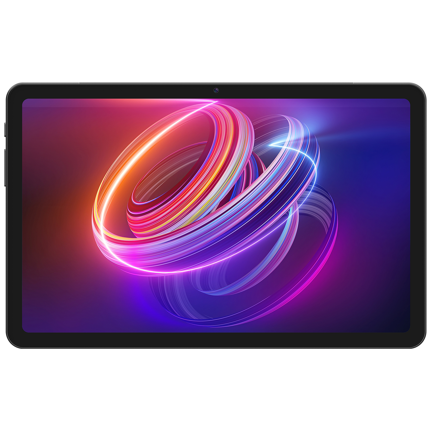 Parlak çizgilerle renkli soyut bir tasarım gösteren siyah bir tablet.