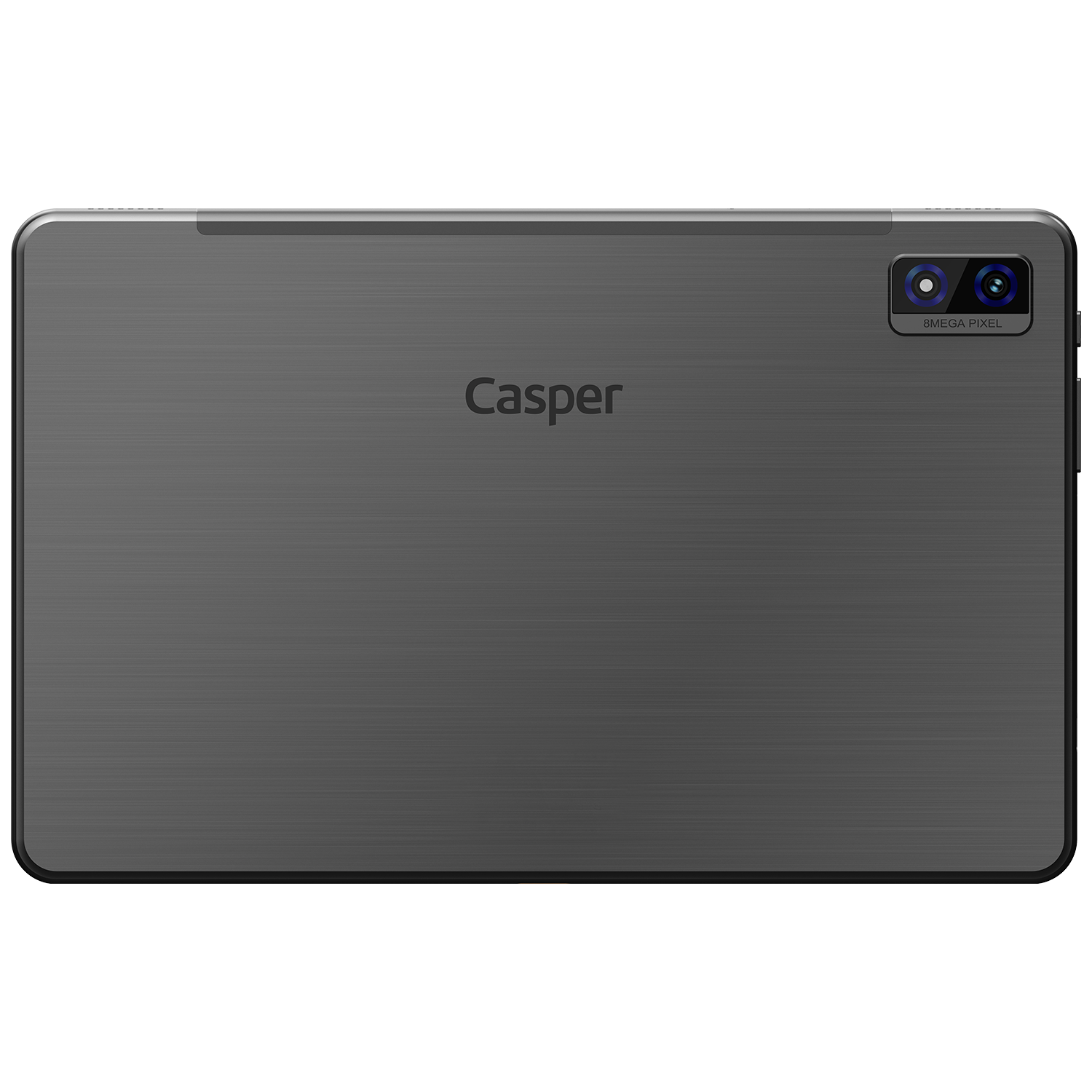 Casper logosu ve 8MP kamerası olan gri bir tabletin arkası. Beyaz zemin.