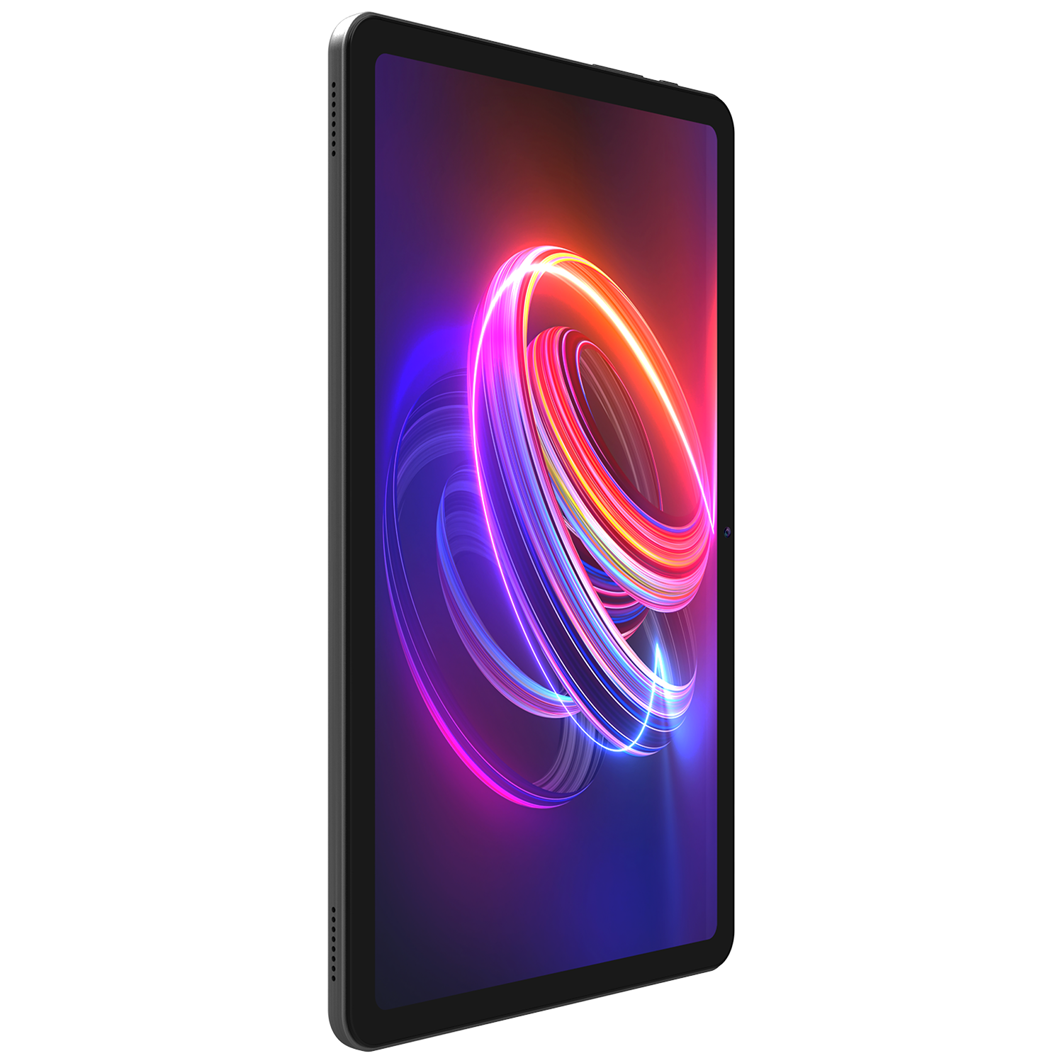 Ekranında renkli, soyut tasarım bulunan tablet, siyah çerçeve, açılı görünüm.