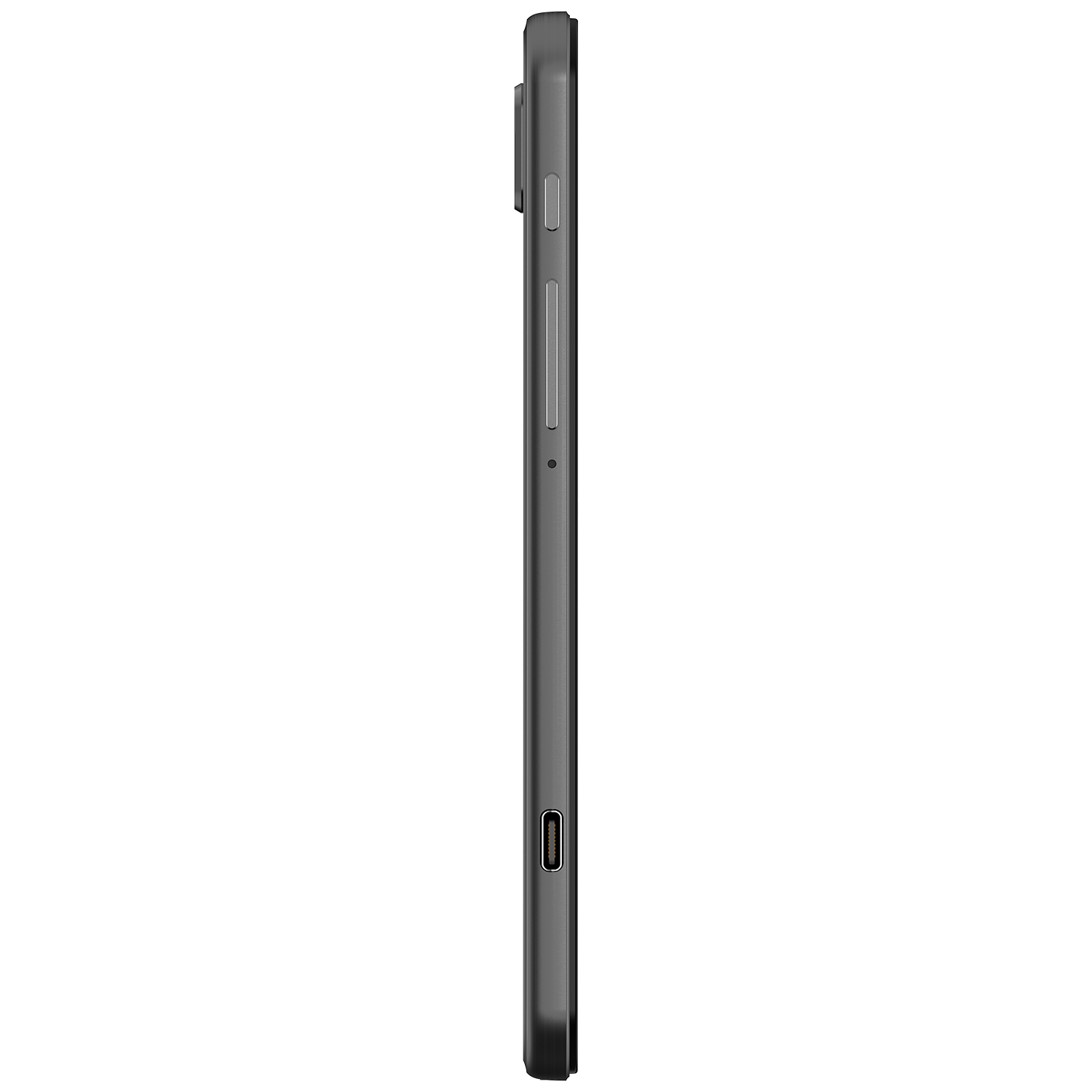 Koyu gri bir telefonun yan görünümü. Düğmeler, bir bağlantı noktası ve şık, minimalist bir tasarım ile yan profili gösterir.