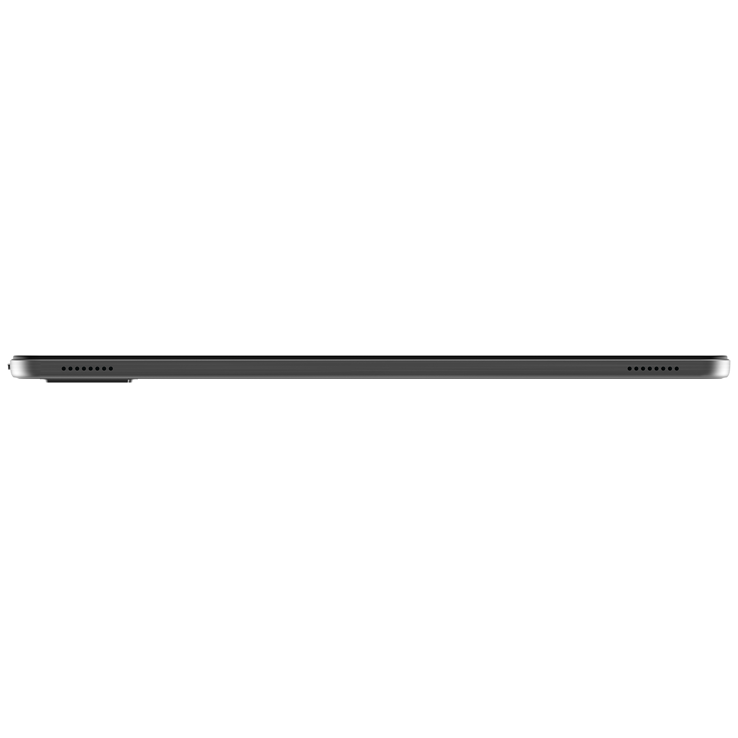 Bir tabletin yan görünümü. Tablet, siyah bir arka plan üzerinde metal çerçeveli siyahtır.