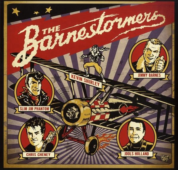 Album borító: The Barnstormers, a zenekar tagjainak és egy repülőgép illusztrációival.