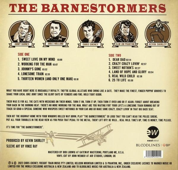 Album borító szöveggel és a The Barnestormers zenekar fotóival. Fekete háttér.