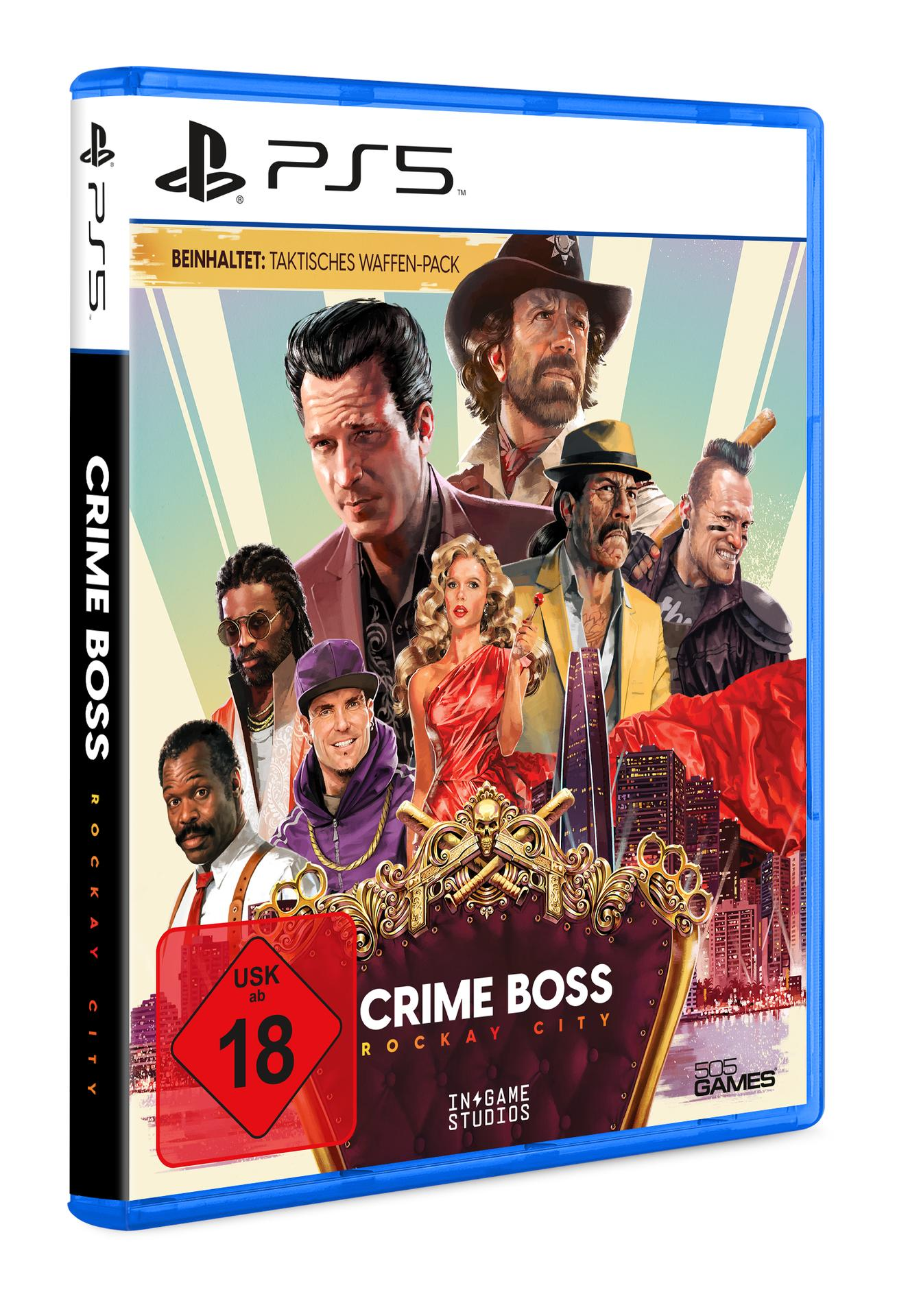 Spielbox-Art, 'Crime Boss: Rockay City' mit verschiedenen Charakteren und einem blauen PS5-Logo.