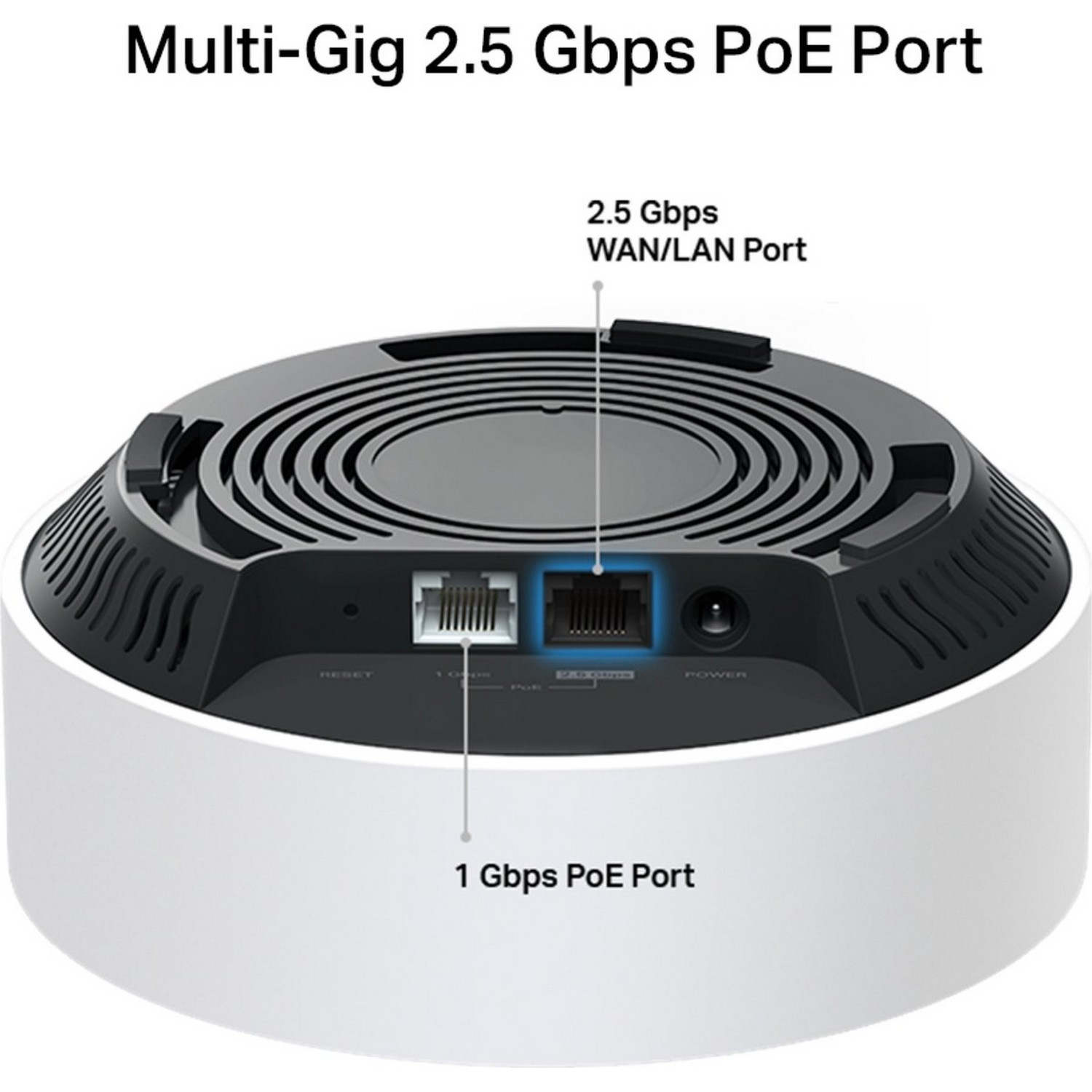 Appareil réseau blanc et noir, ports étiquetés pour internet et alimentation électrique.
