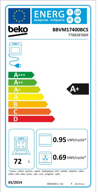 Etykieta energetyczna dla piekarnika Beko, z klasą efektywności energetycznej A+ i innymi specyfikacjami.