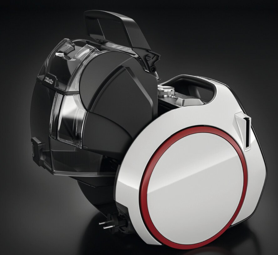 Odkurzacz Miele, czarny i przezroczysty, z widocznymi częściami.