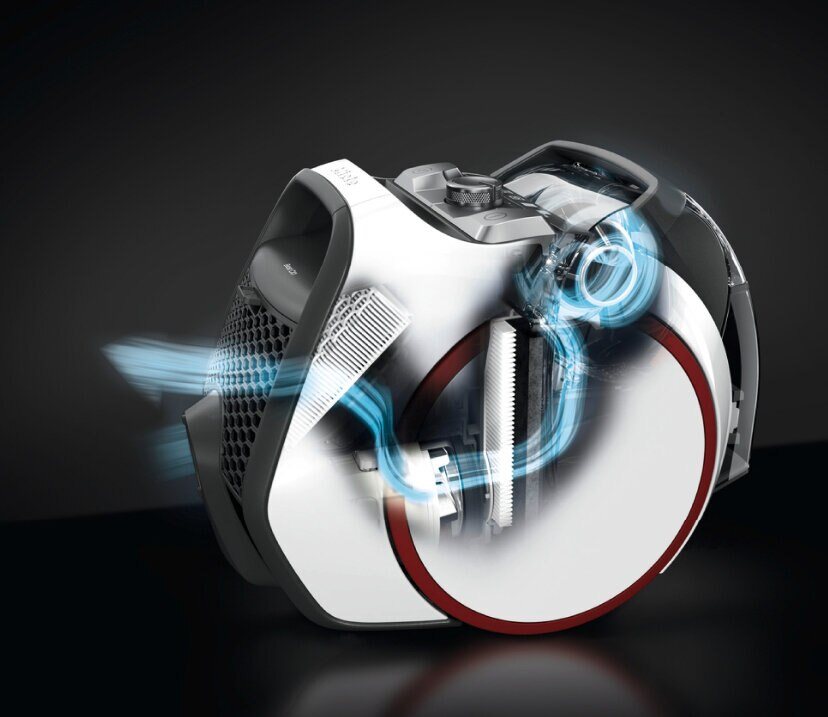 Wewnętrzne elementy odkurzacza, podkreślające ścieżki przepływu powietrza na niebiesko.