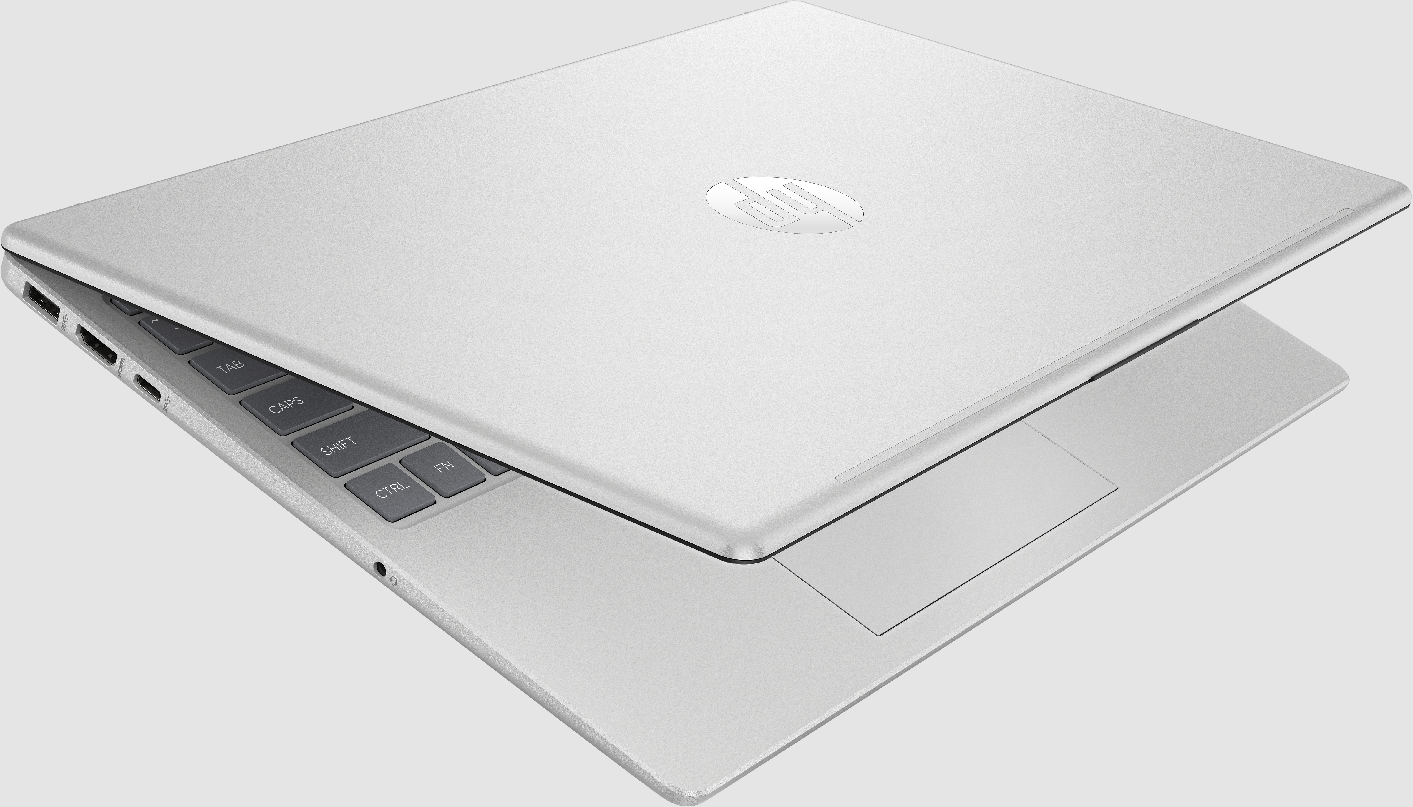 Ein silberner Laptop ist leicht geöffnet und zeigt die Tastatur und das HP-Logo.