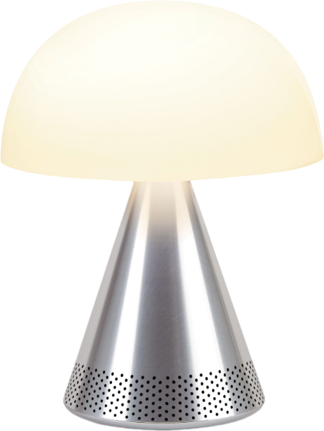 Une lampe de table blanche et argentée en forme de champignon. Elle a un abat-jour rond et blanc et une base conique.
