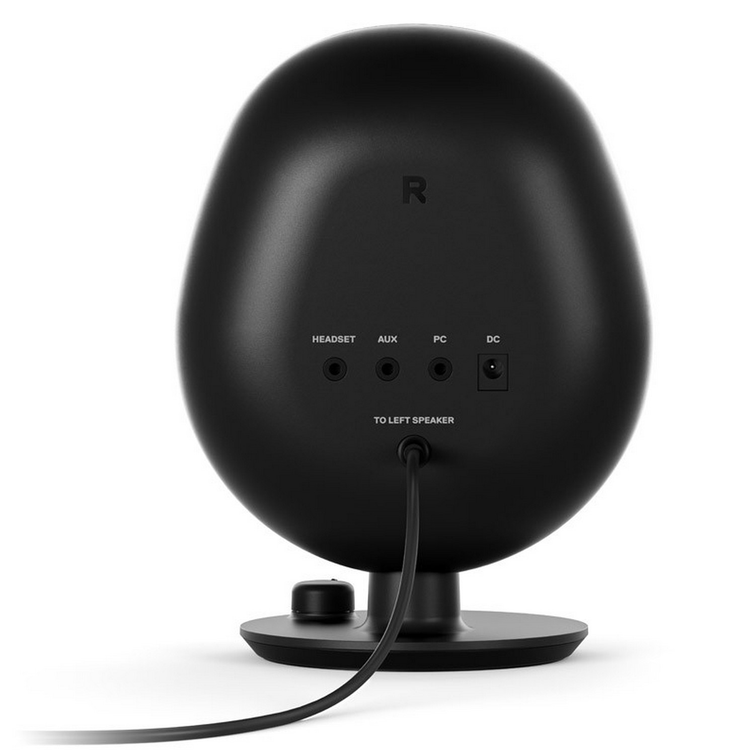Black oval-shaped speaker with ports on the back and a cable connected.
