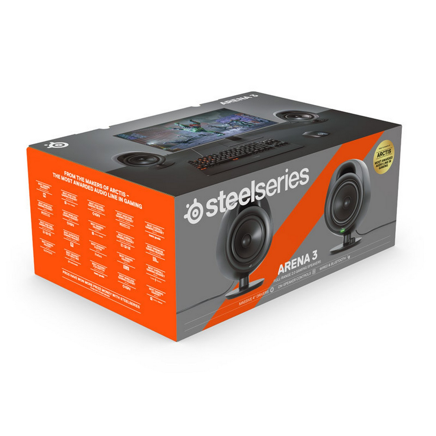 Box with SteelSeries Arena 3 speakers. The box displays speakers, a keyboard, and a screen.