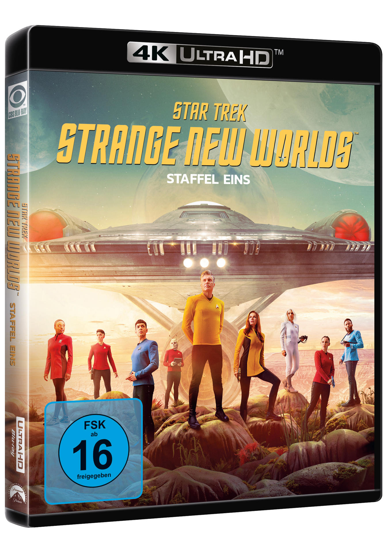 Ein 4K Ultra HD Star Trek Filmcover. Es zeigt ein Raumschiff und Schauspieler auf blauem Hintergrund.
