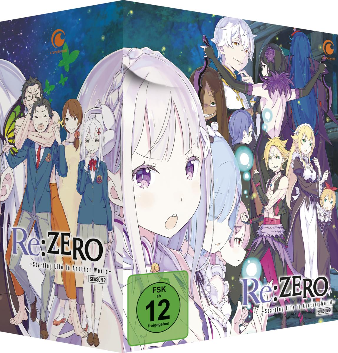Anime-Box-Set. Charaktere sind auf der Vorderseite abgebildet. Text sagt Re:ZERO. Staffel 2 und Crunchyroll-Logo.
