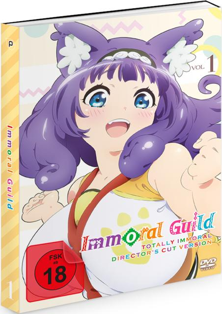 DVD-Hülle: Anime-Frau, lila Haare, Titel 'Immoral Guild'.