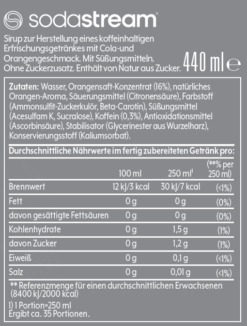 Nährwertangaben werden angezeigt. Es ist ein SodaStream-Sirup-Etikett mit deutschem Text, das Nährwerte detailliert beschreibt.