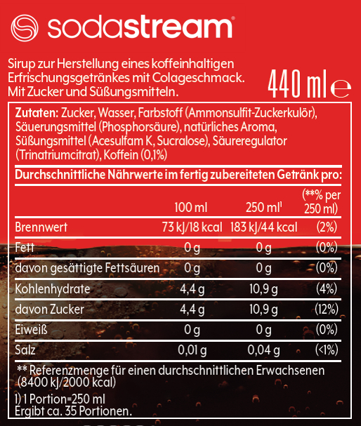 SodaStream-Sirupflasche mit Nährwertangaben auf Deutsch.