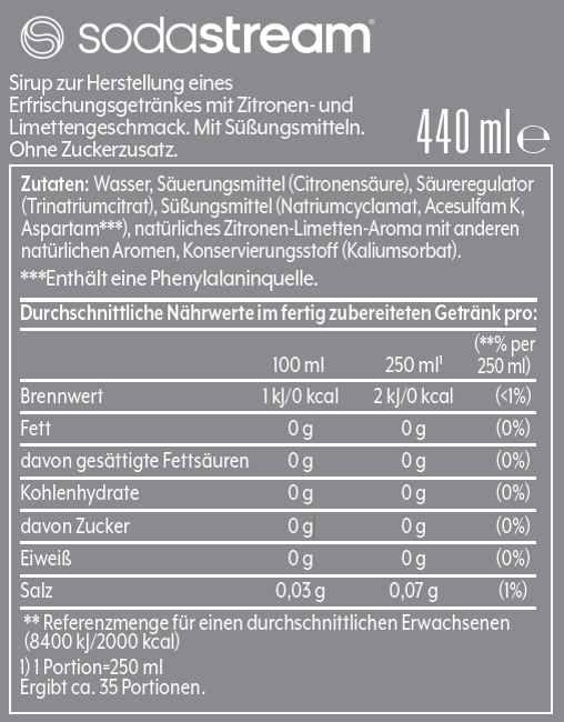 SodaStream-Sirup-Etikett. Zeigt Zutaten, Nährwertangaben und 440 ml Volumen. Weißer und grauer Hintergrund.