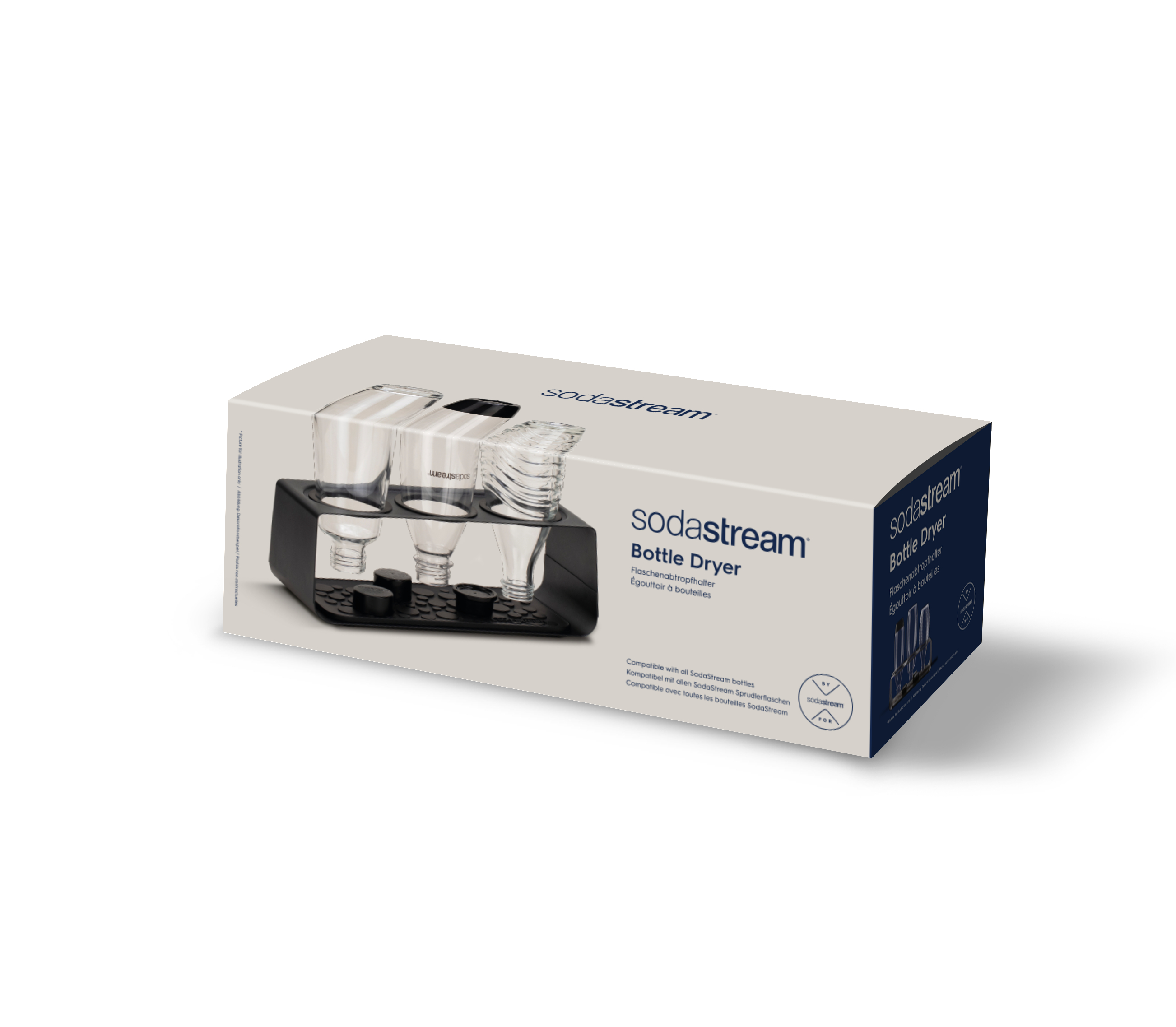 Ein weißer und schwarzer SodaStream-Flaschentrockner in seiner Verpackung.