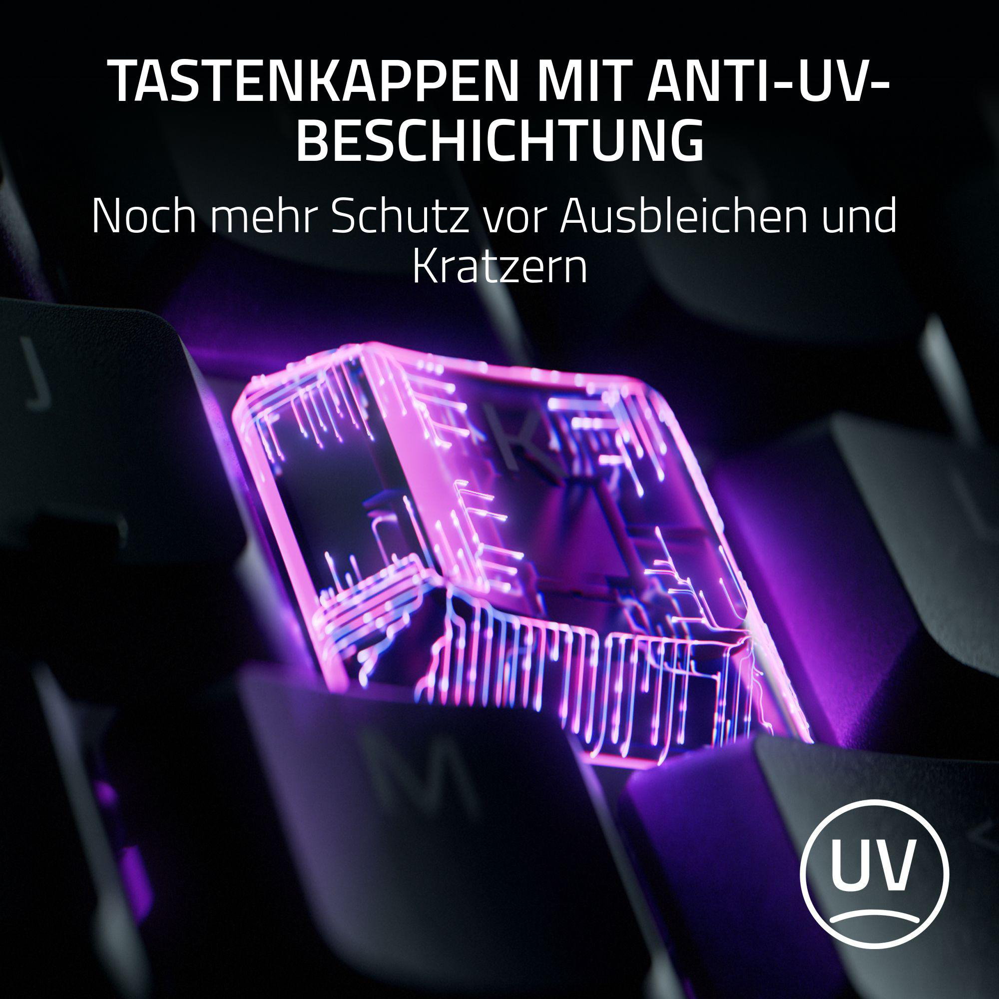 Tastenkappe mit UV-Schutz. Die Taste ist lila mit beleuchteten Schaltkreisen, auf einer schwarzen Tastatur.