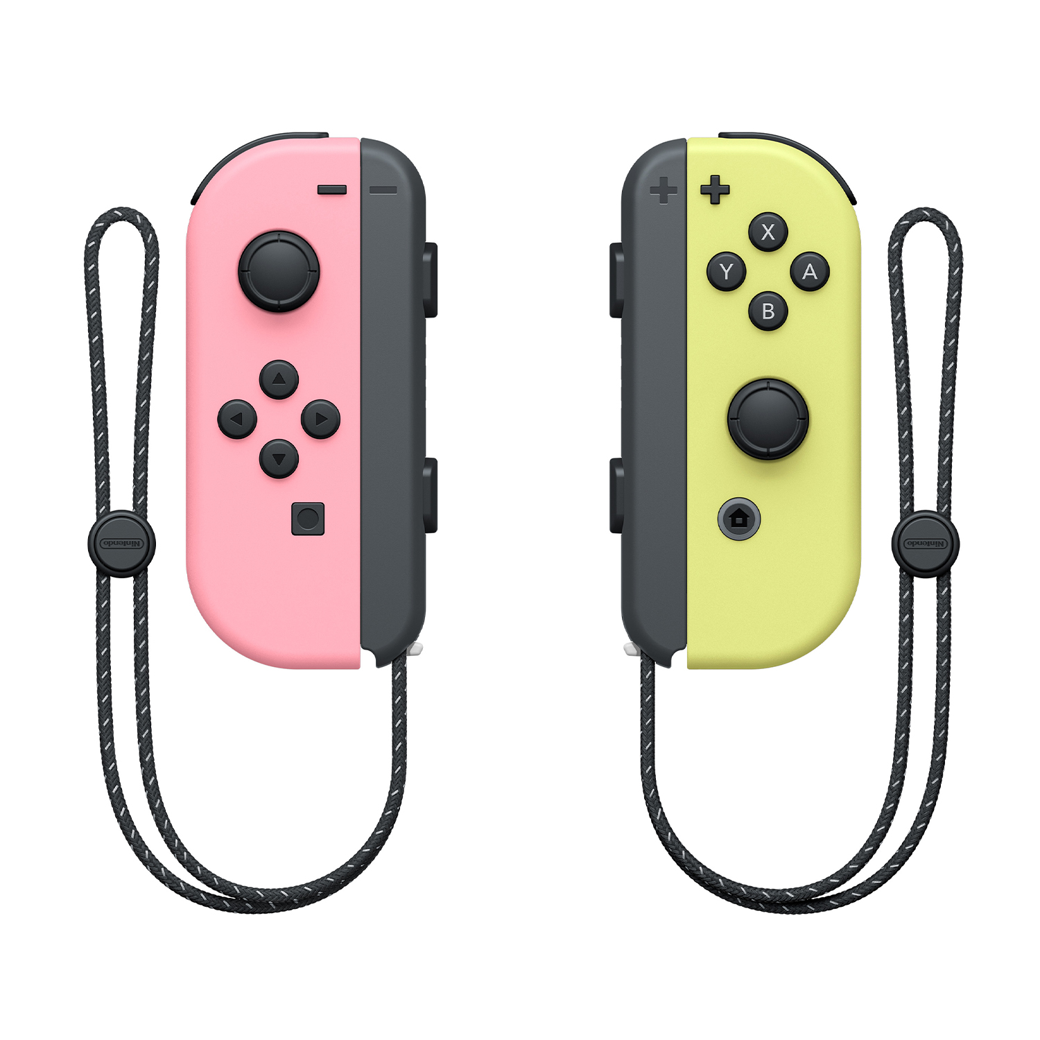 Due controller Joy-Con di Nintendo Switch, rosa e giallo. Ognuno ha pulsanti e un cinturino da polso.