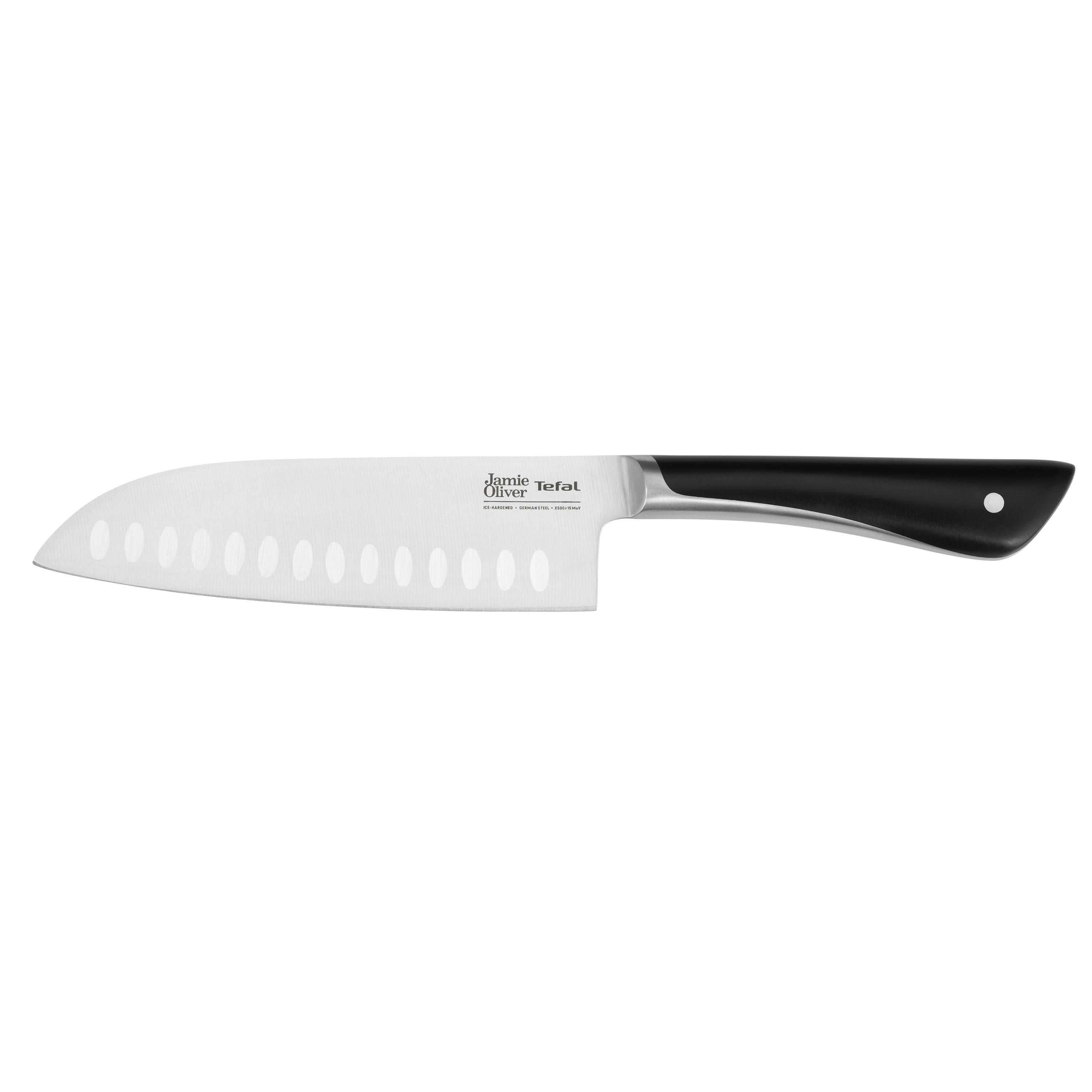 Ein silbernes und schwarzes Jamie Oliver Tefal Kochmesser auf weißem Hintergrund, nach rechts geneigt.
