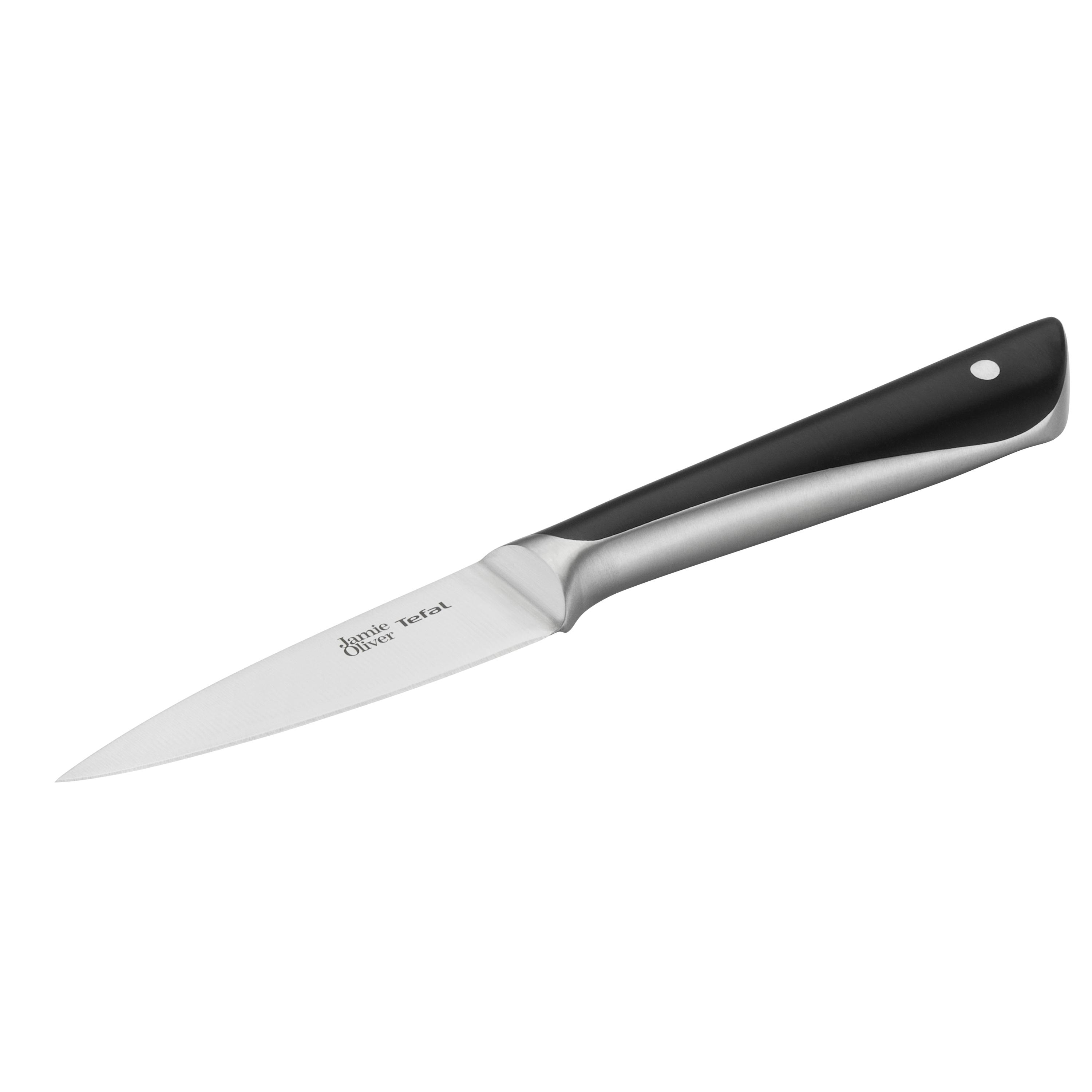 Ein schwarzes und silbernes Schälmesser. Der Hintergrund ist weiß.