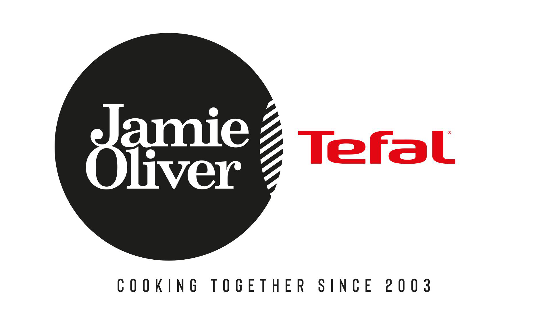 Jamie Oliver und Tefal Logos nebeneinander auf weißem Hintergrund mit Text 'COOKING TOGETHER SINCE 2003'.