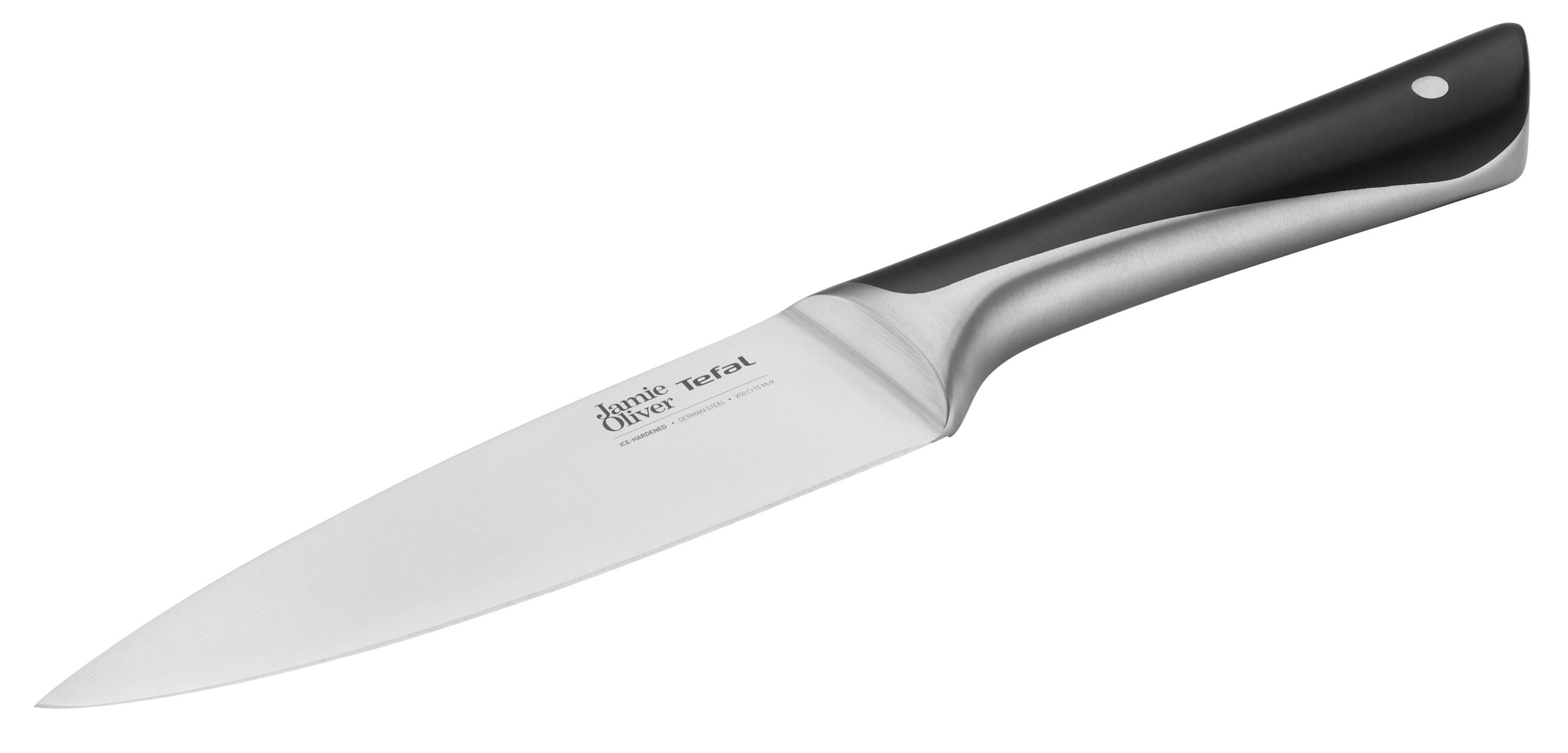 Ein Edelstahl- und schwarzes Messer mit dem Text 'Jamie Oliver' auf der Klinge.