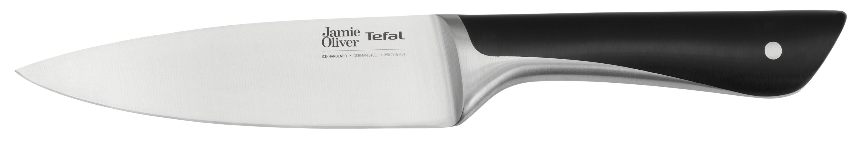 Ein Jamie Oliver Tefal Küchenmesser, silberne Klinge mit schwarzem Griff. Das Messer ist vor weißem Hintergrund.