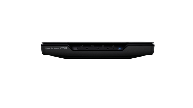 Ein schwarzer Flachbettscanner, beschriftet mit Epson Perfection V39 II, von oben betrachtet.