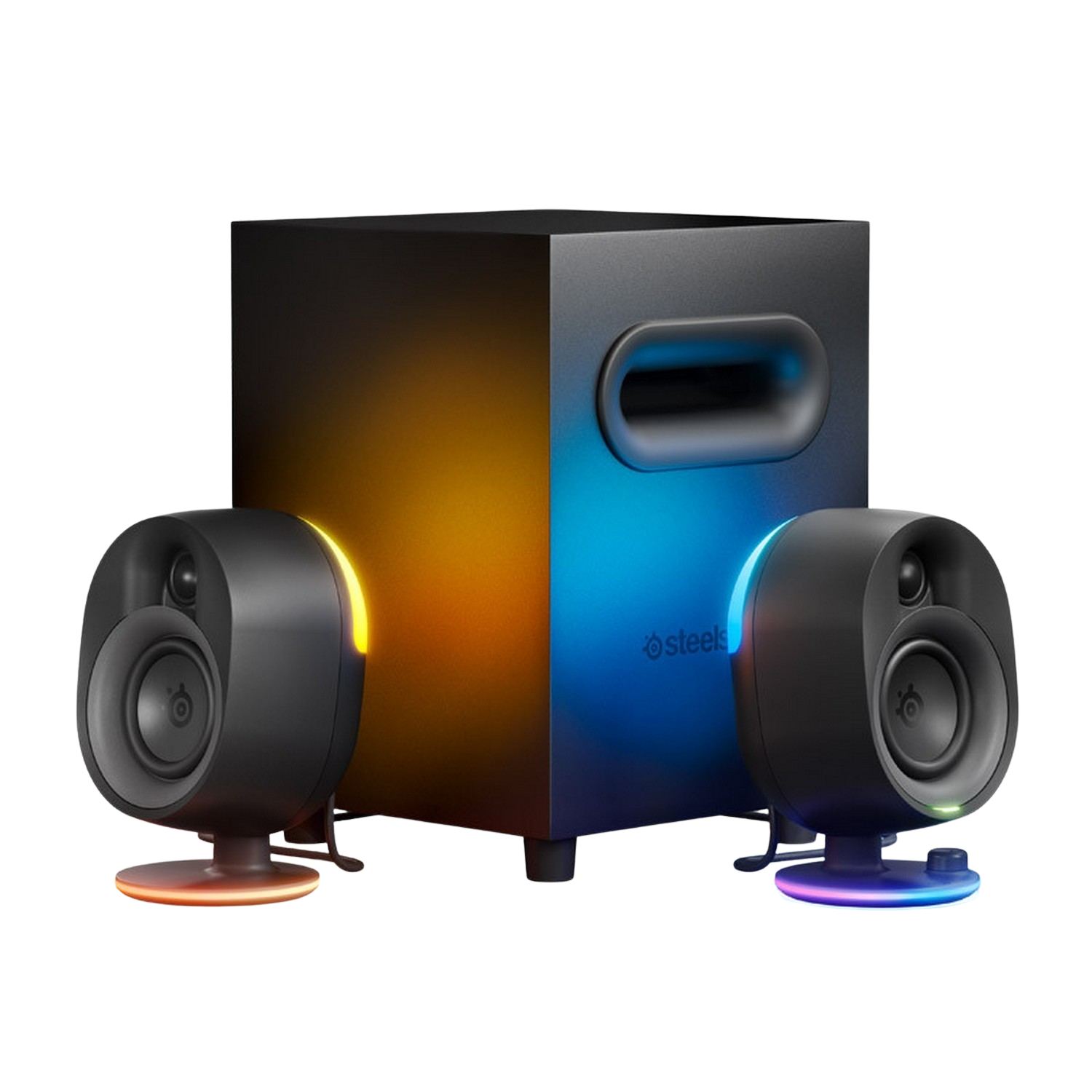 Zwarte subwoofer en luidsprekers met kleurenbelichting. SteelSeries-logo is zichtbaar.