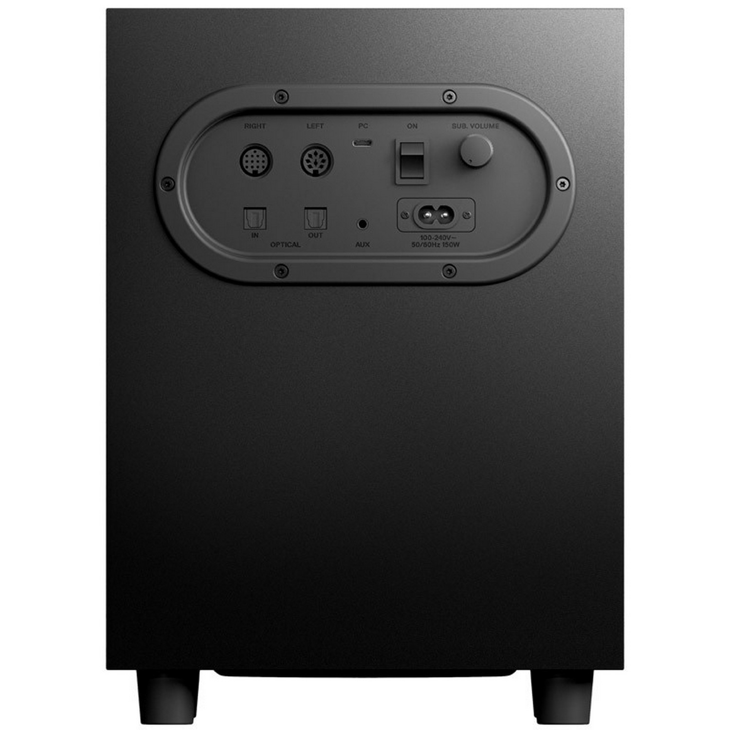 Achterpaneel van een zwarte subwoofer met verschillende ingangs- en uitgangspoorten en bedieningselementen.