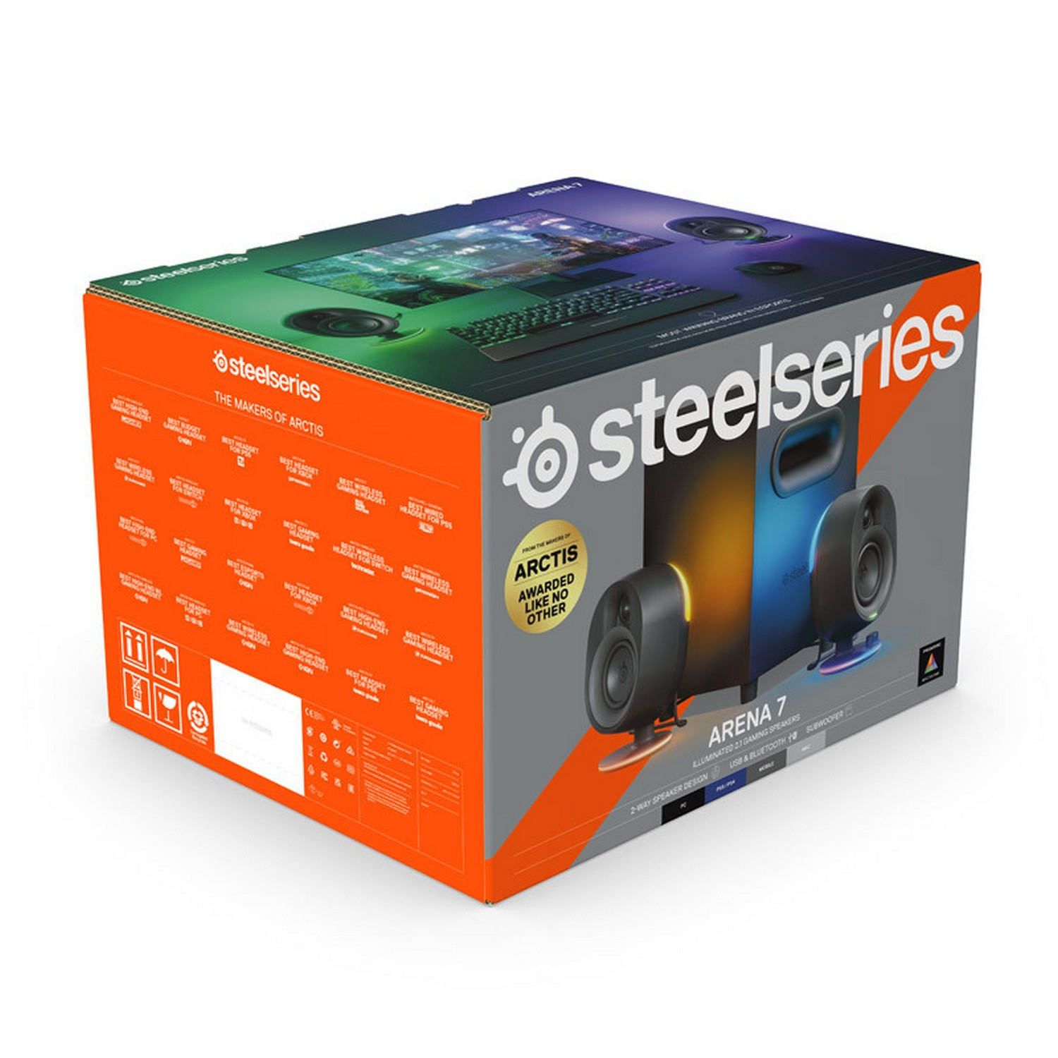 Een doos met Steelseries Arena 7-luidsprekers, met kleurrijke afbeeldingen van het product.