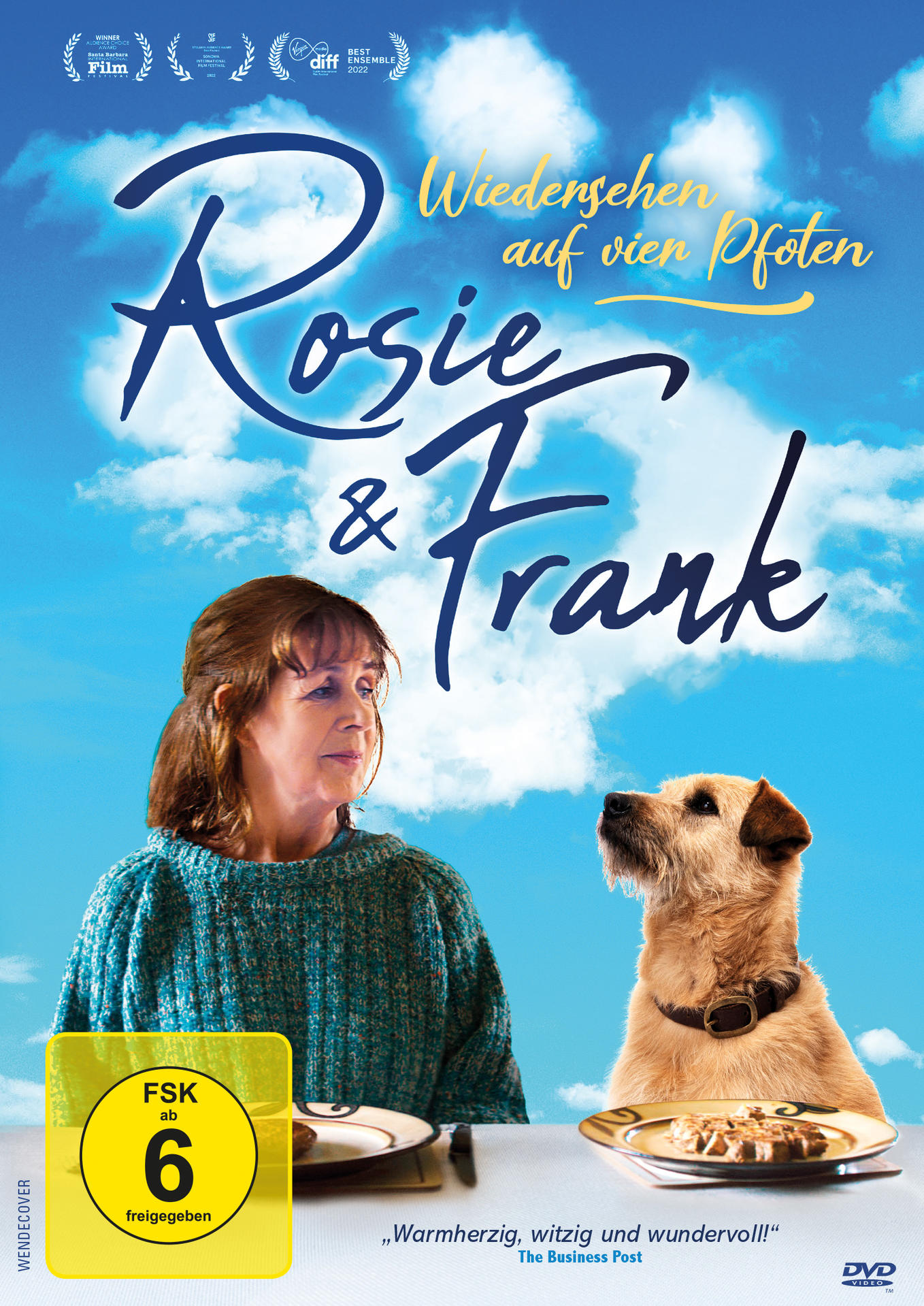 DVD-Cover eines Films mit einer Frau und einem Hund. Der Titel ist Rosie & Frank. Blauer Himmel im Hintergrund.