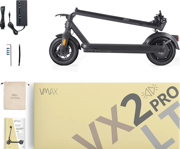 Eine Box mit einem Roller und Zubehör. Auf der Box steht: "VMAX X2 PRO LT".