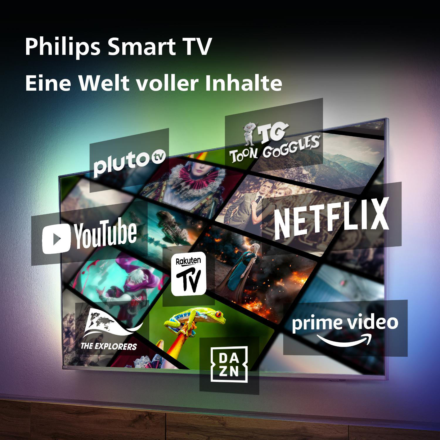 Ein Philips Smart TV, das mehrere Streaming-Dienste-Logos auf dunklem Hintergrund anzeigt. Text-Overlay.