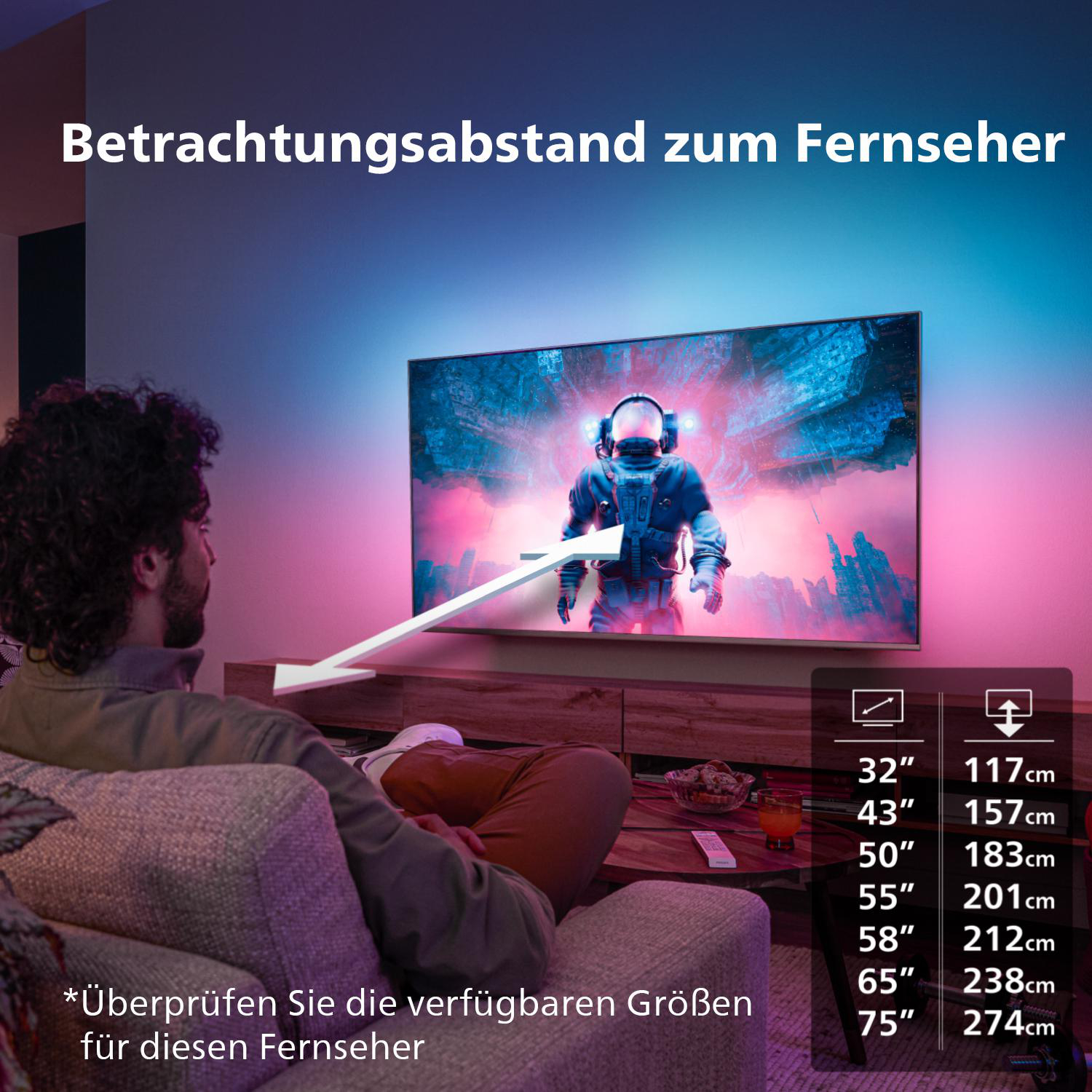 Ein Mann sieht fern. Ein großer Fernseher zeigt einen Astronauten. Diagramme zeigen Betrachtungsabstände.