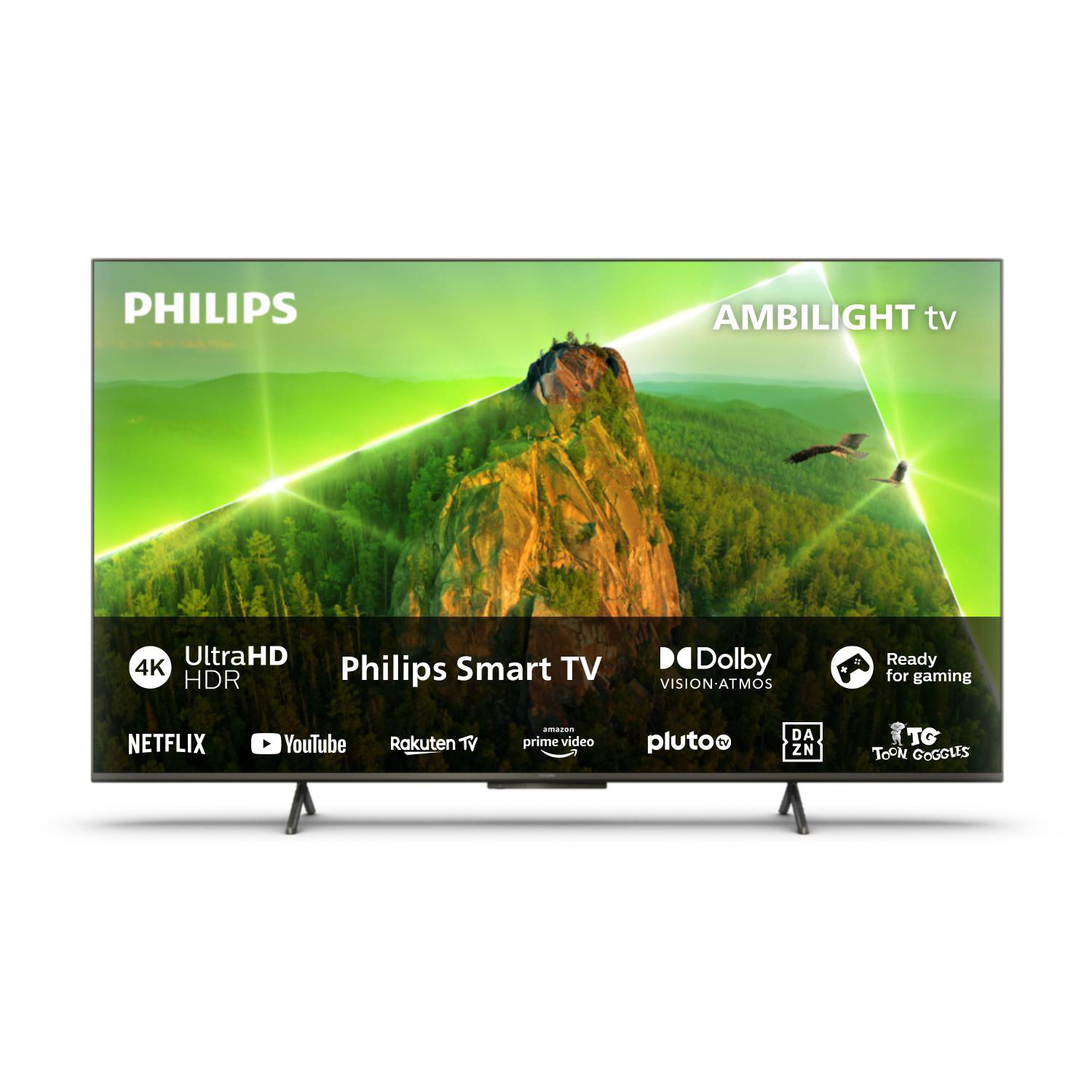 Ein Philips Ambilight TV wird auf weißem Hintergrund angezeigt, der eine Berglandschaft und Logos zeigt.