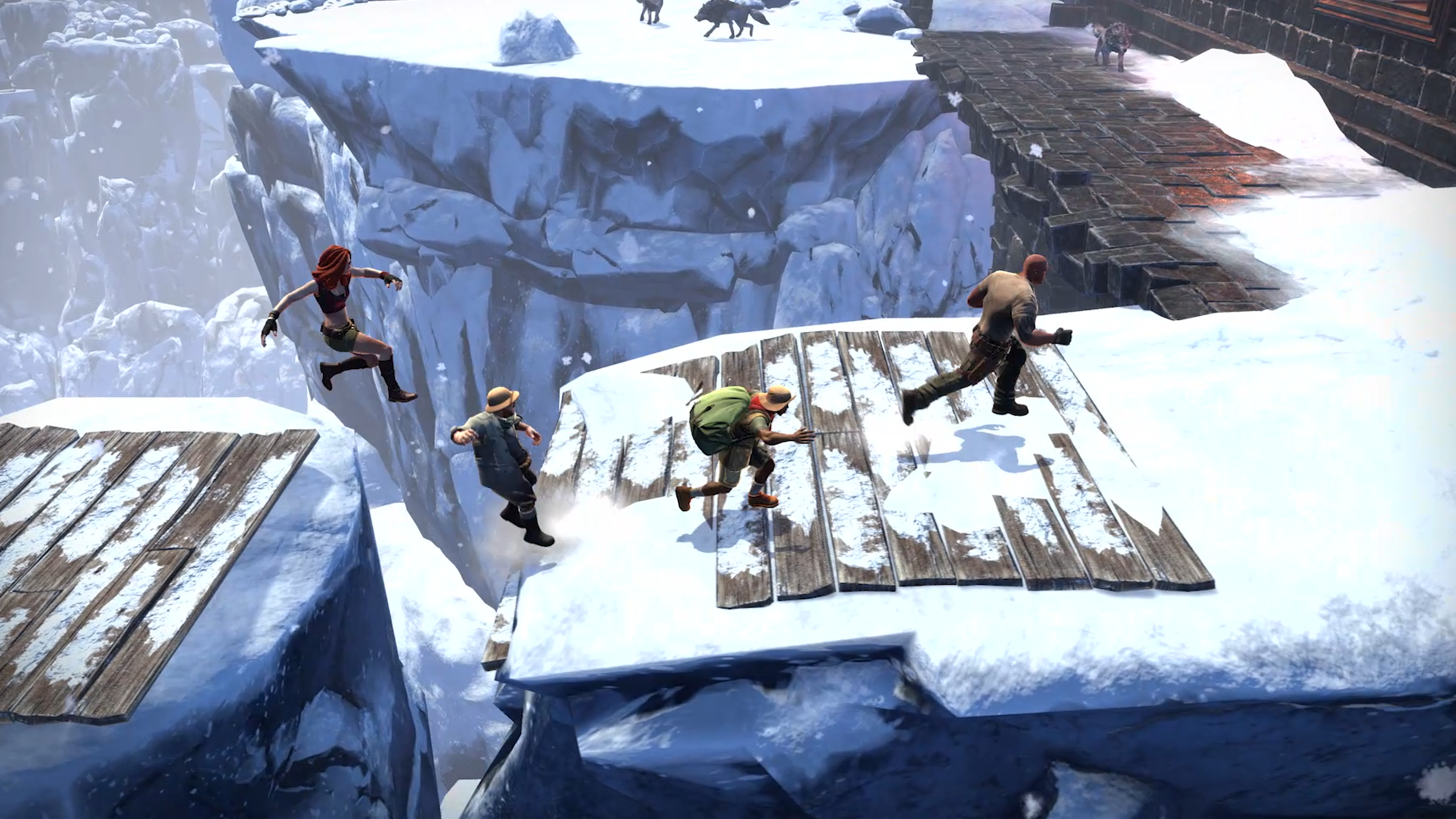 Videospielszene: Abenteurer springen über Schneelücken auf einem schneebedeckten Berg.