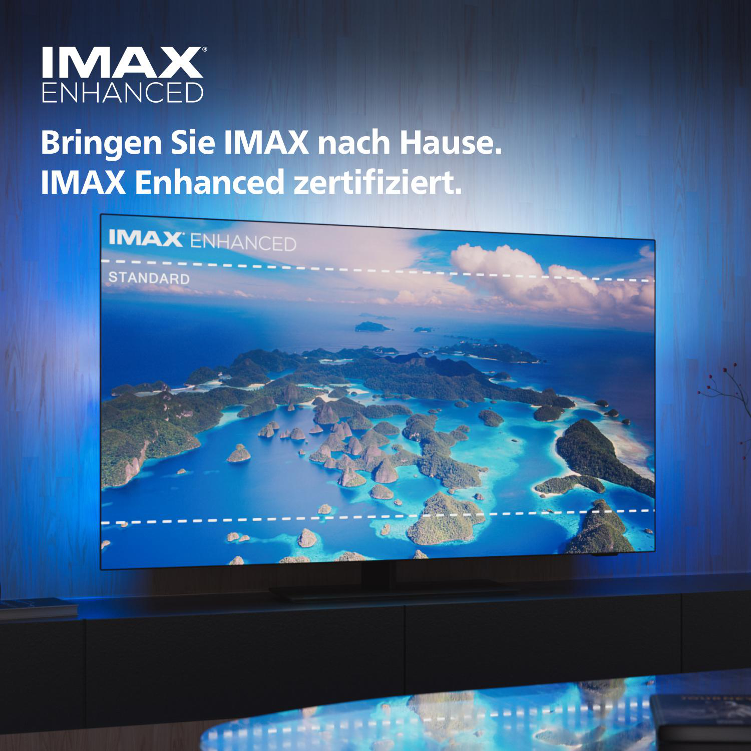 TV-Bildschirm mit tropischer Landschaft, mit IMAX Enhanced Branding.