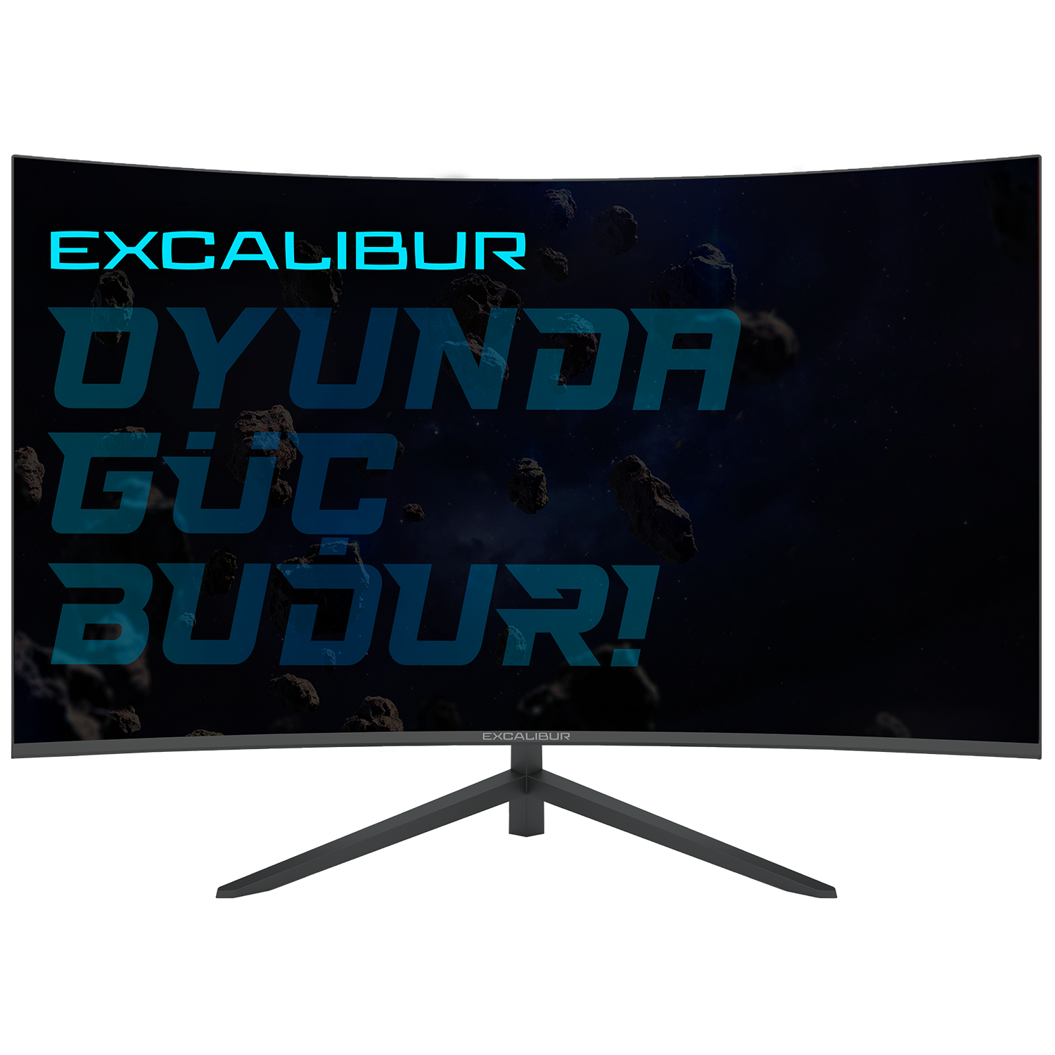 Uzay temalı bir arka plan üzerinde 'EXCALIBUR' ve metin gösteren kavisli monitör.