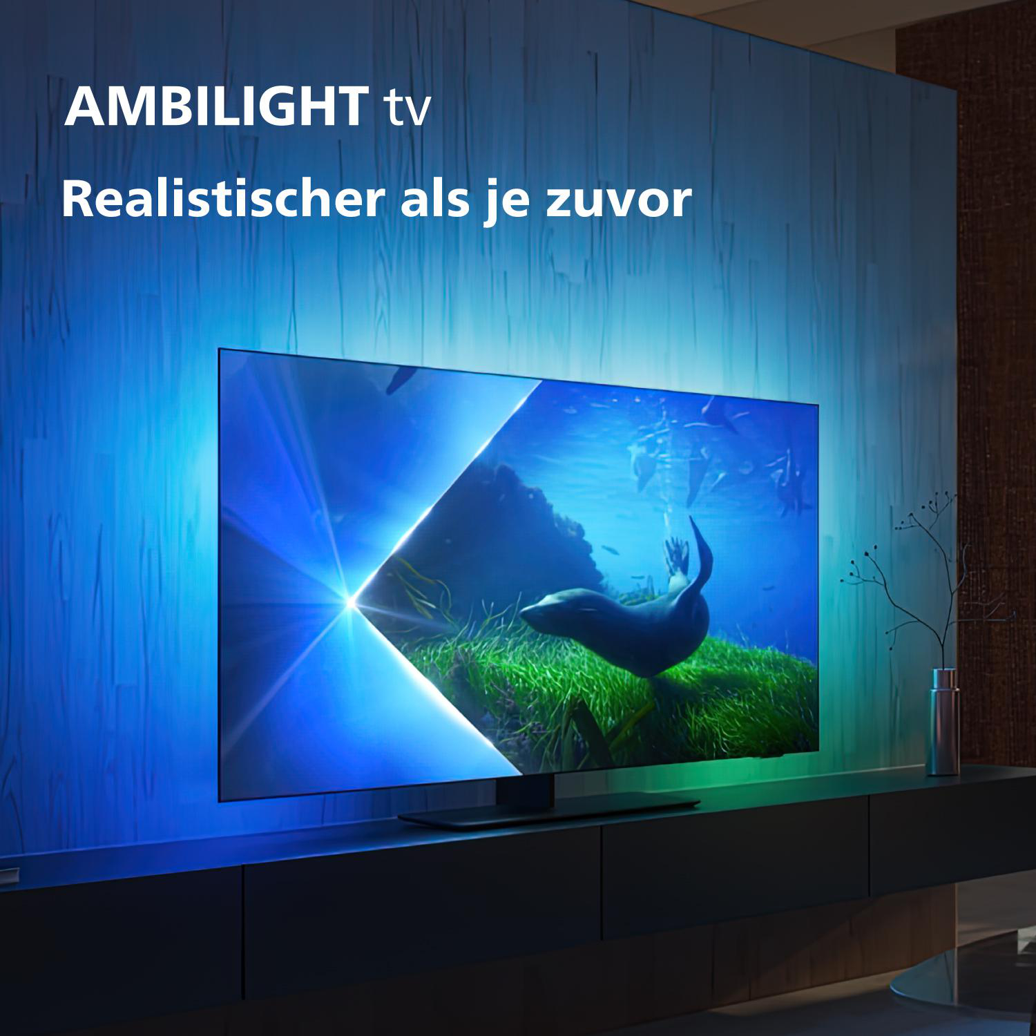 Ambilight-TV, das eine Unterwasserszene mit einem Seehund zeigt, auf einem dunklen Schrank mit einer Vase.