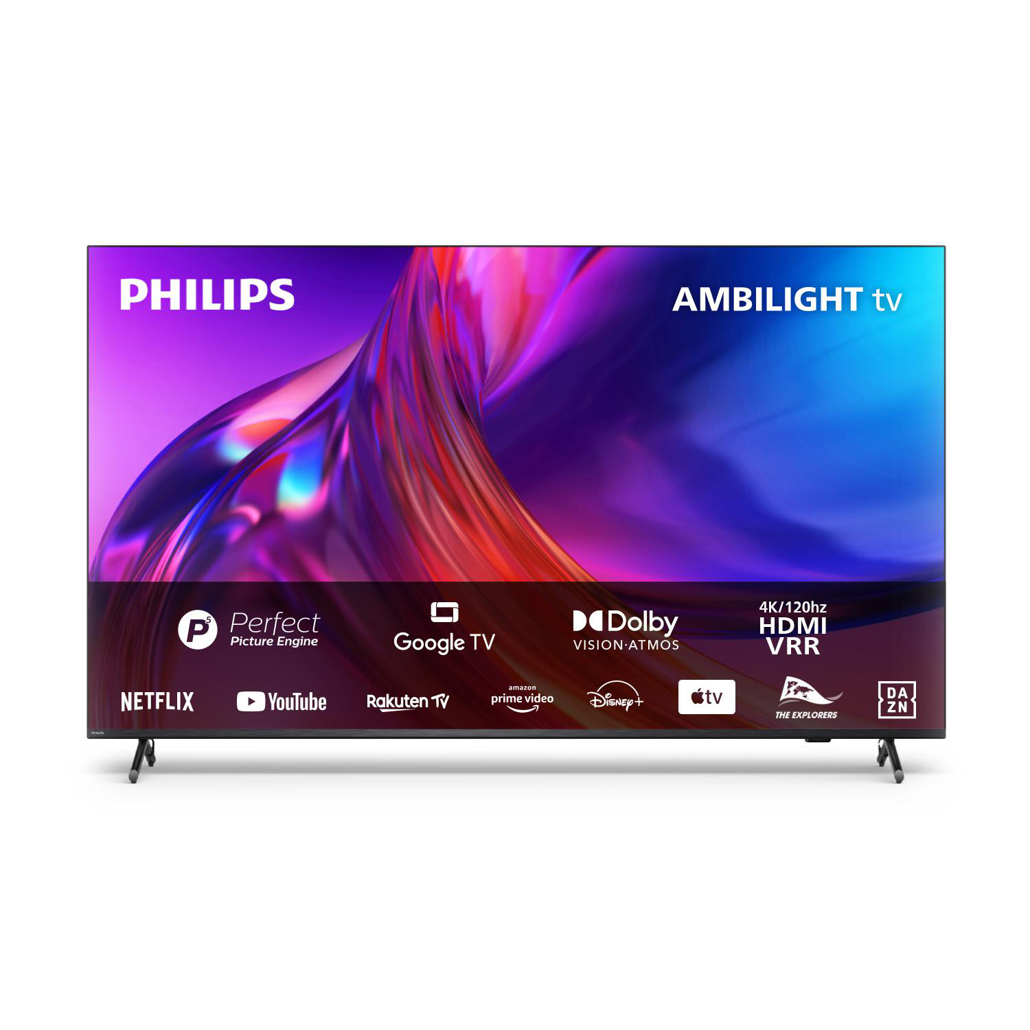 Philips Ambilight TV mit Streaming-Dienst-Symbolen. Es befindet sich auf einem weißen Hintergrund.