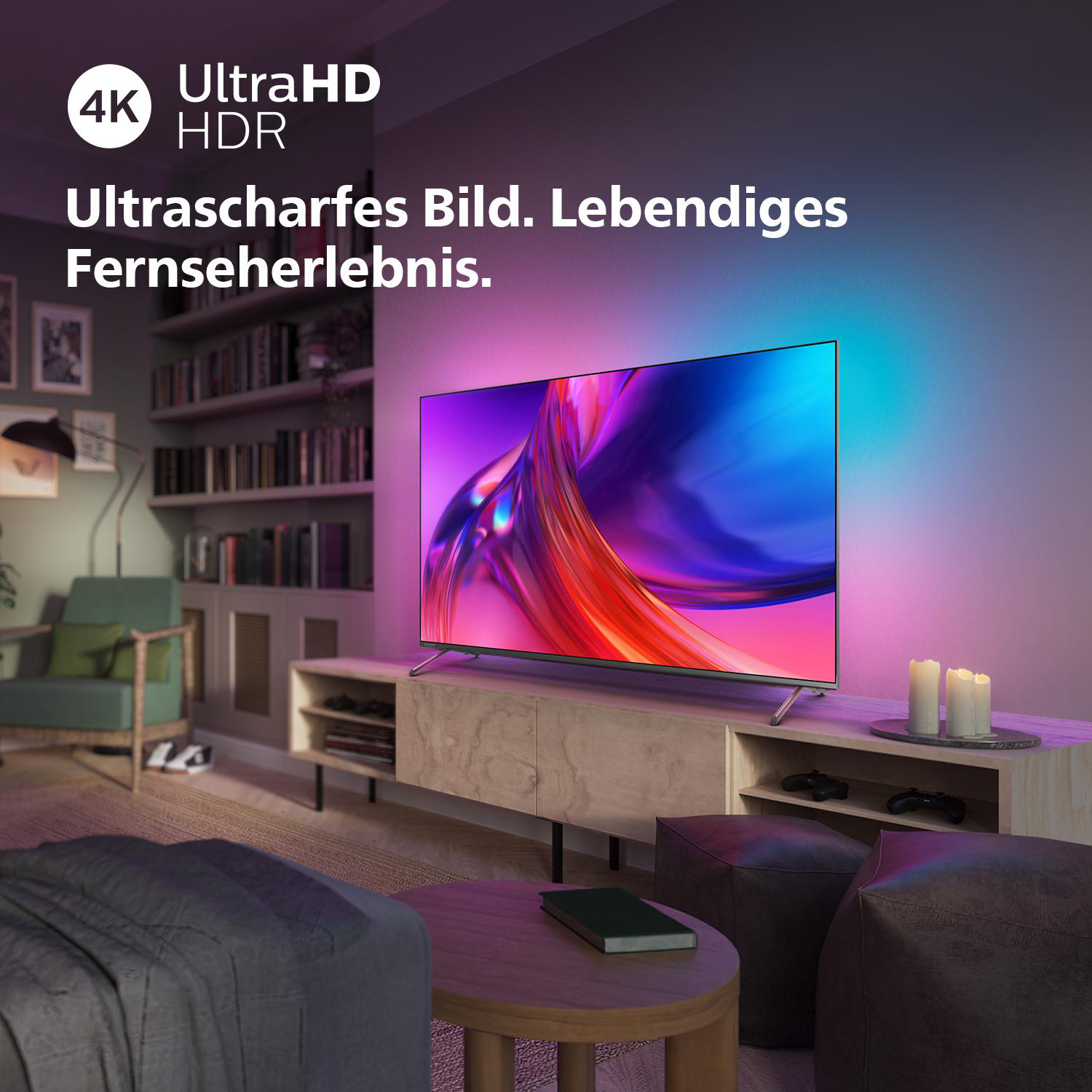 Fernseher mit farbenfrohem Bild. Der Text "UltraSharp Bild. Lebendiges Fernseherlebnis" steht über dem Bildschirm.