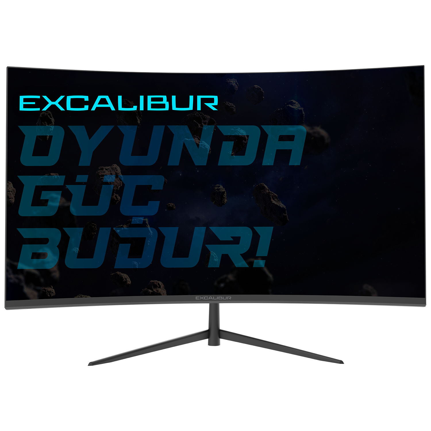 Kavisli monitörde metin: EXCALIBUR, OYUNDA GÜÇ BUDUR! Koyu arka planda mavi metin.