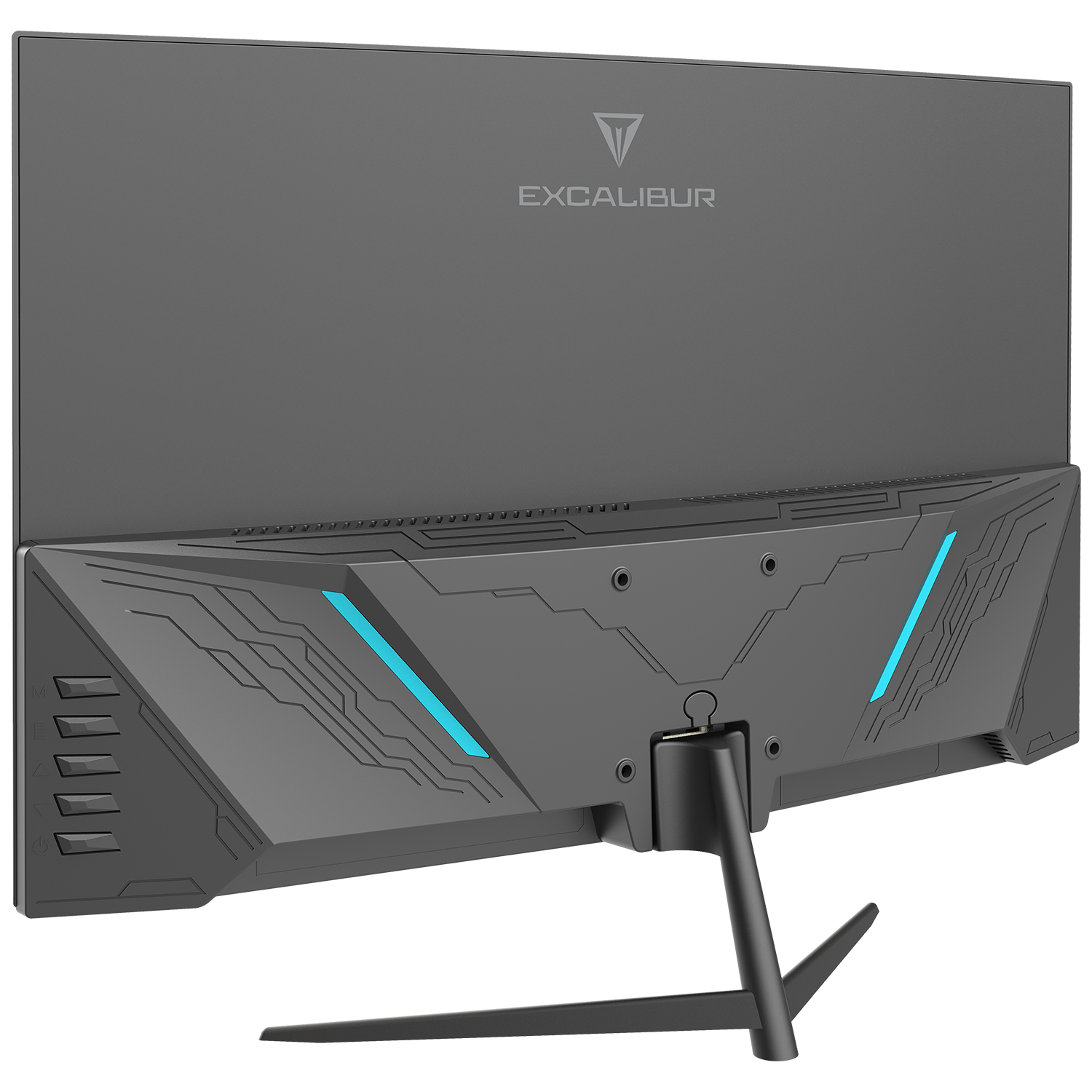 Mavi ışık vurguları ve EXCALIBUR logosu ile siyah bir oyun monitörünün arkası.